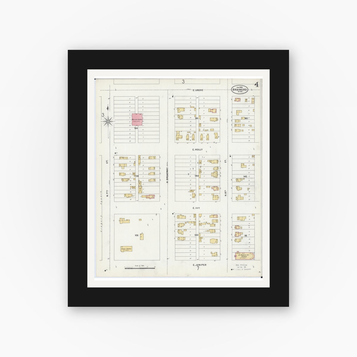 Old map wall art mockup — black gallery frame with white mat — Sanborn Fire Insurance Map from Brainerd, Crow Wing County, Minnesota (1898), Sheet #0004