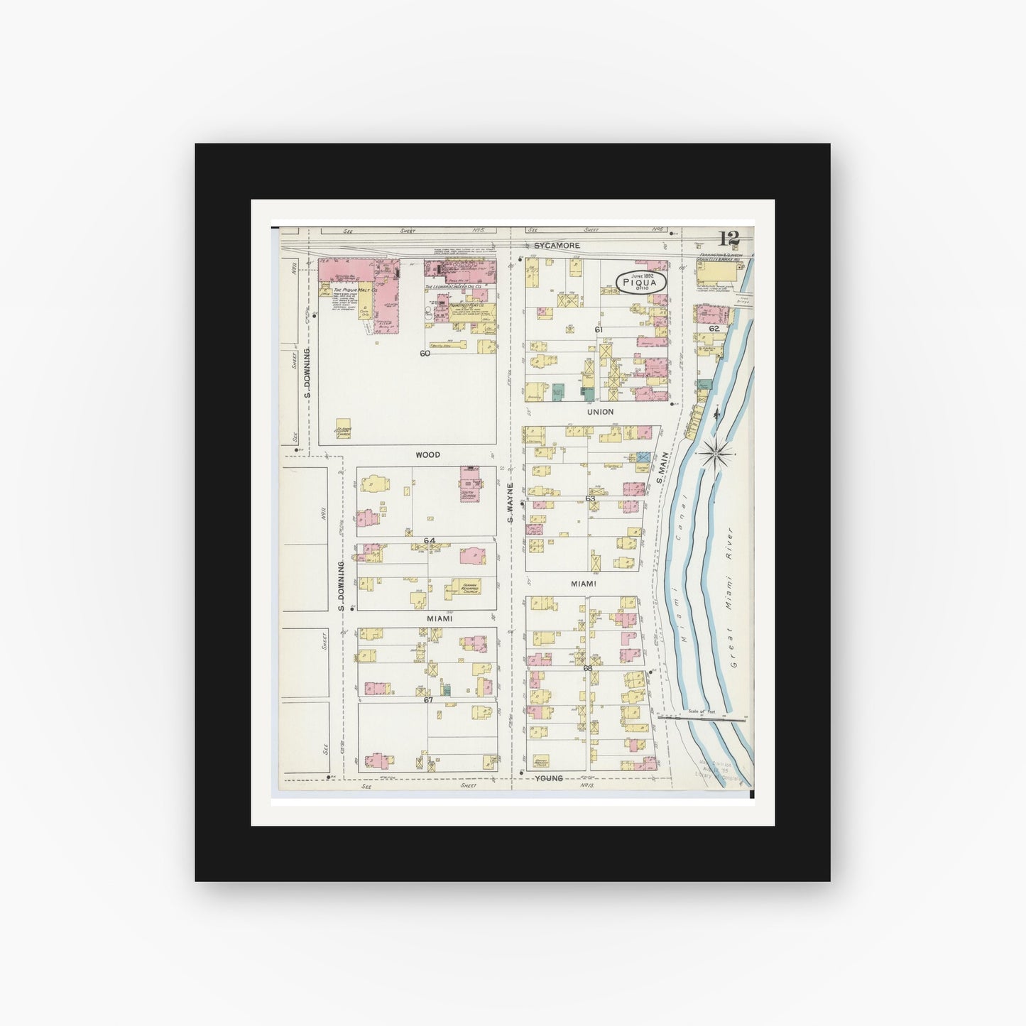 Old map wall art mockup — black gallery frame with white mat — Sanborn Fire Insurance Map from Piqua, Miami County, Ohio (1892), Sheet #0012