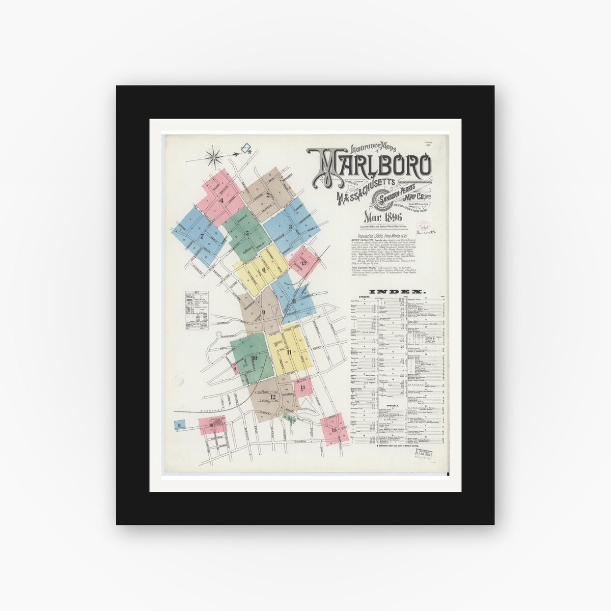 Old map wall art mockup — black gallery frame with white mat — Sanborn Fire Insurance Map from Marlborough, Middlesex County, Massachusetts (1896) - Complete Map Set