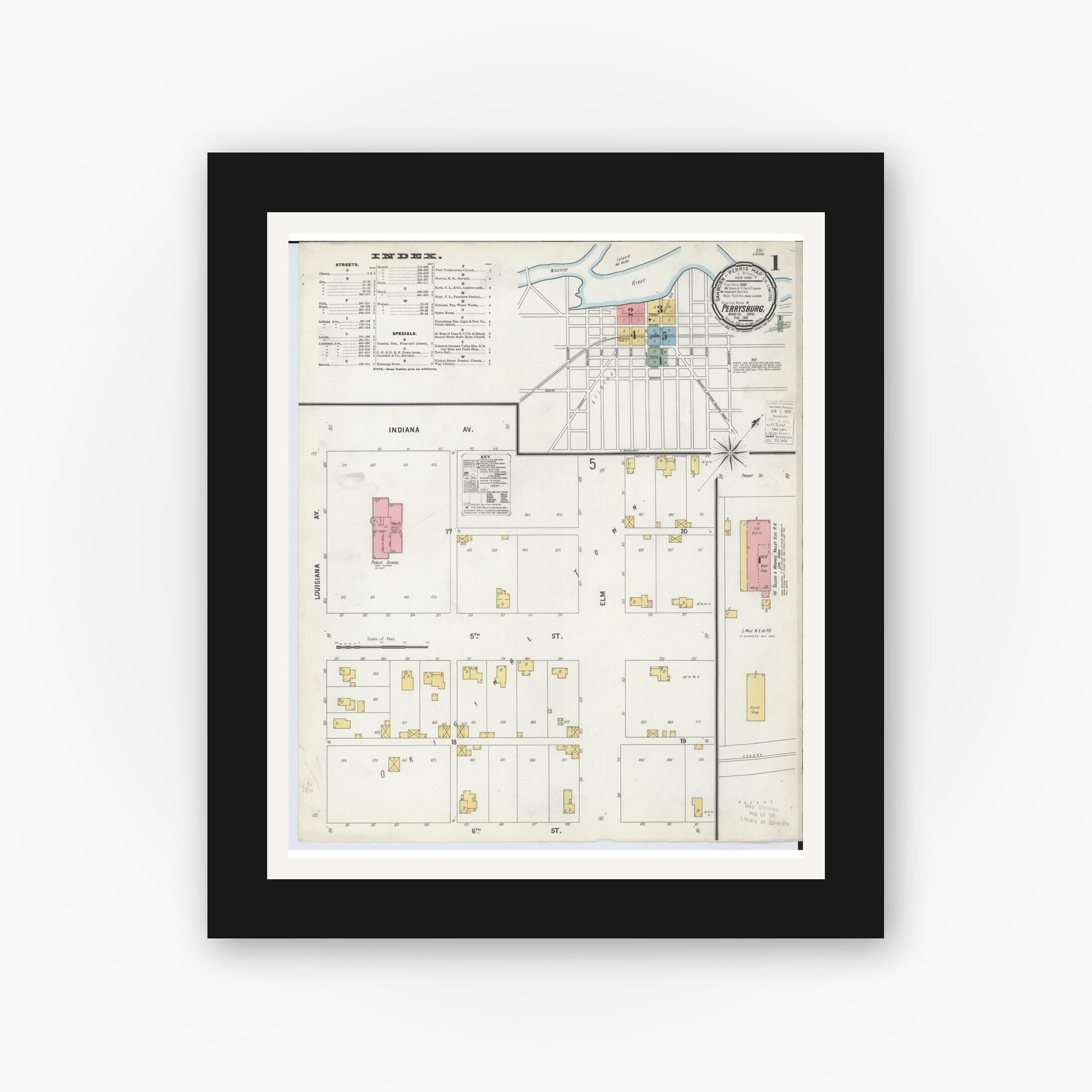 Old map wall art mockup — black gallery frame with white mat — Sanborn Fire Insurance Map from Perrysburg, Wood County, Ohio (1900), Sheet #0001