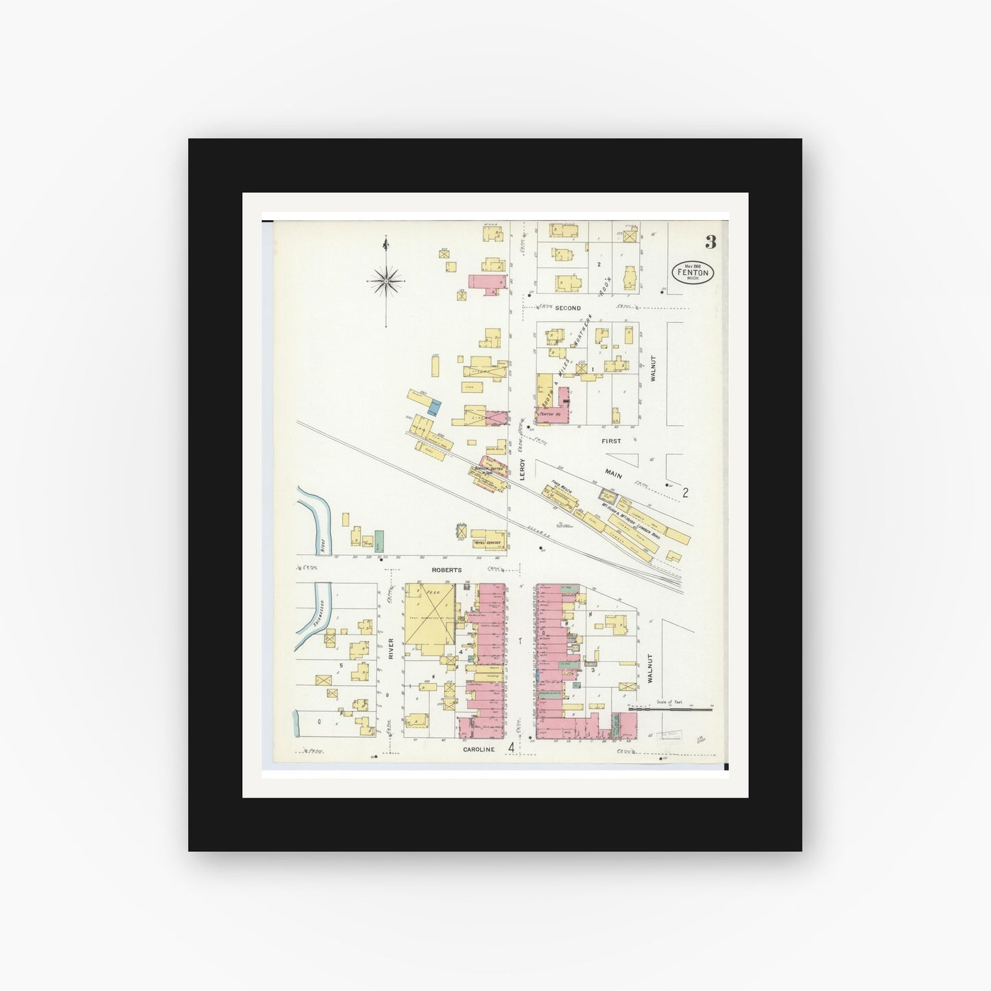 Old map wall art mockup — black gallery frame with white mat — Sanborn Fire Insurance Map from Fenton, Genesee County, Michigan (1908), Sheet #0003