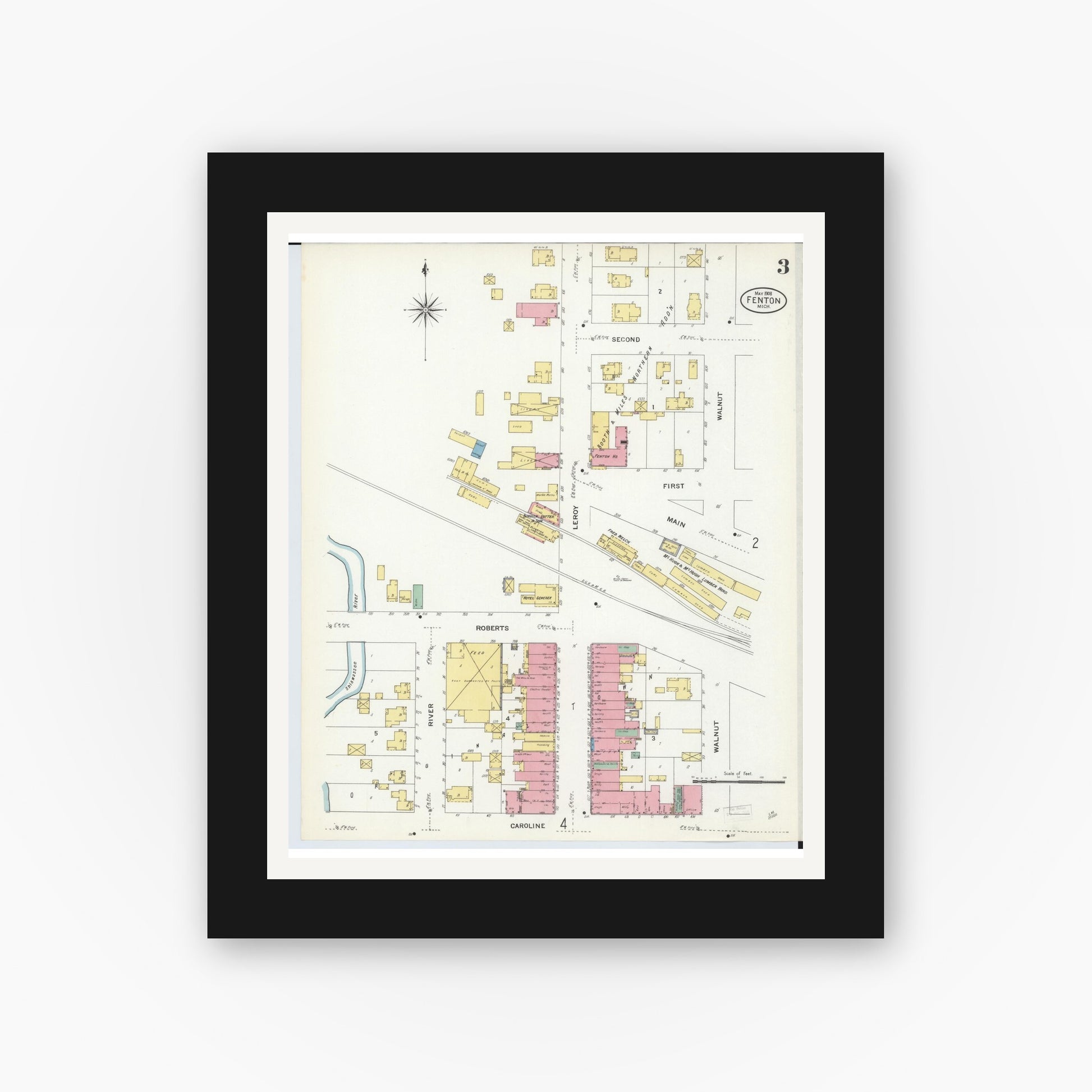 Old map wall art mockup — black gallery frame with white mat — Sanborn Fire Insurance Map from Fenton, Genesee County, Michigan (1908), Sheet #0003