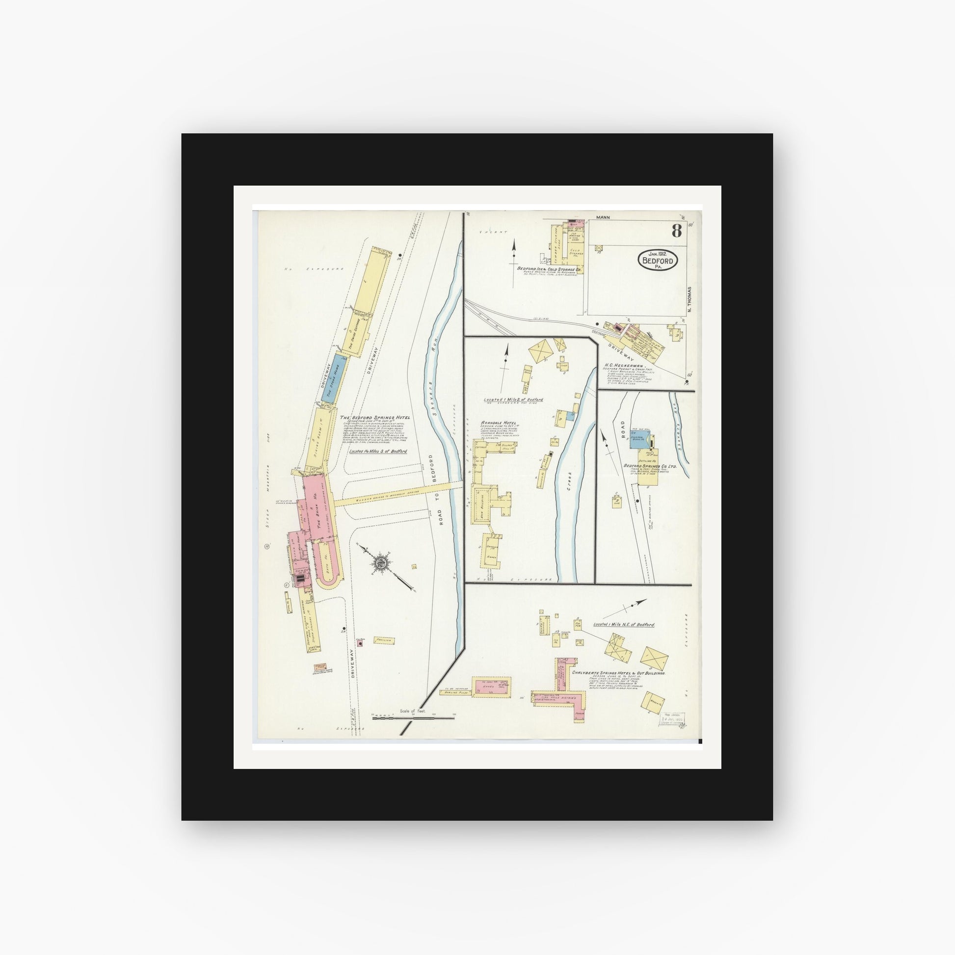 Old map wall art mockup — black gallery frame with white mat — Sanborn Fire Insurance Map from Bedford, Bedford County, Pennsylvania (1912), Sheet #0008