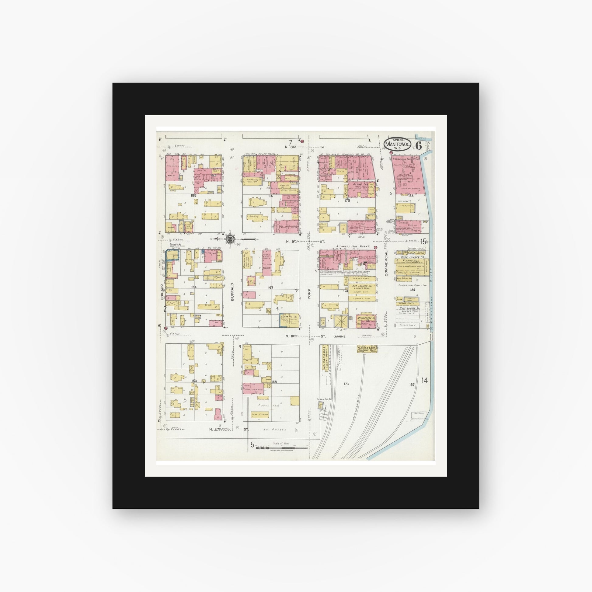 Old map wall art mockup — black gallery frame with white mat — Sanborn Fire Insurance Map from Manitowoc, Manitowoc County, Wisconsin (1919), Sheet #0006