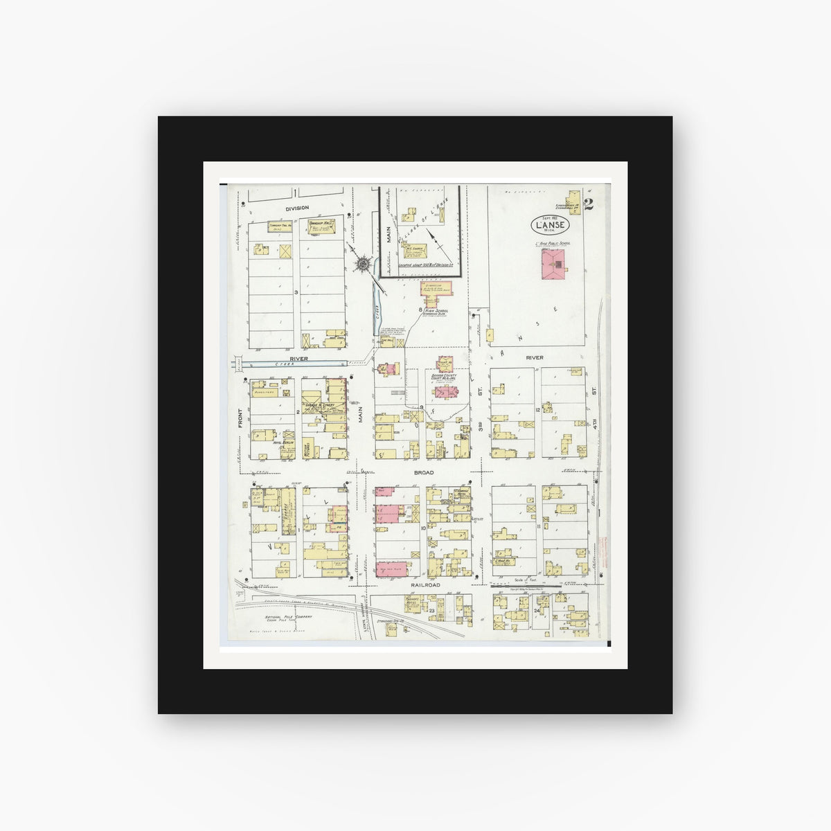 Old map wall art mockup — black gallery frame with white mat — Sanborn Fire Insurance Map from L'Anse, Baraga County, Michigan (1922), Sheet #0002