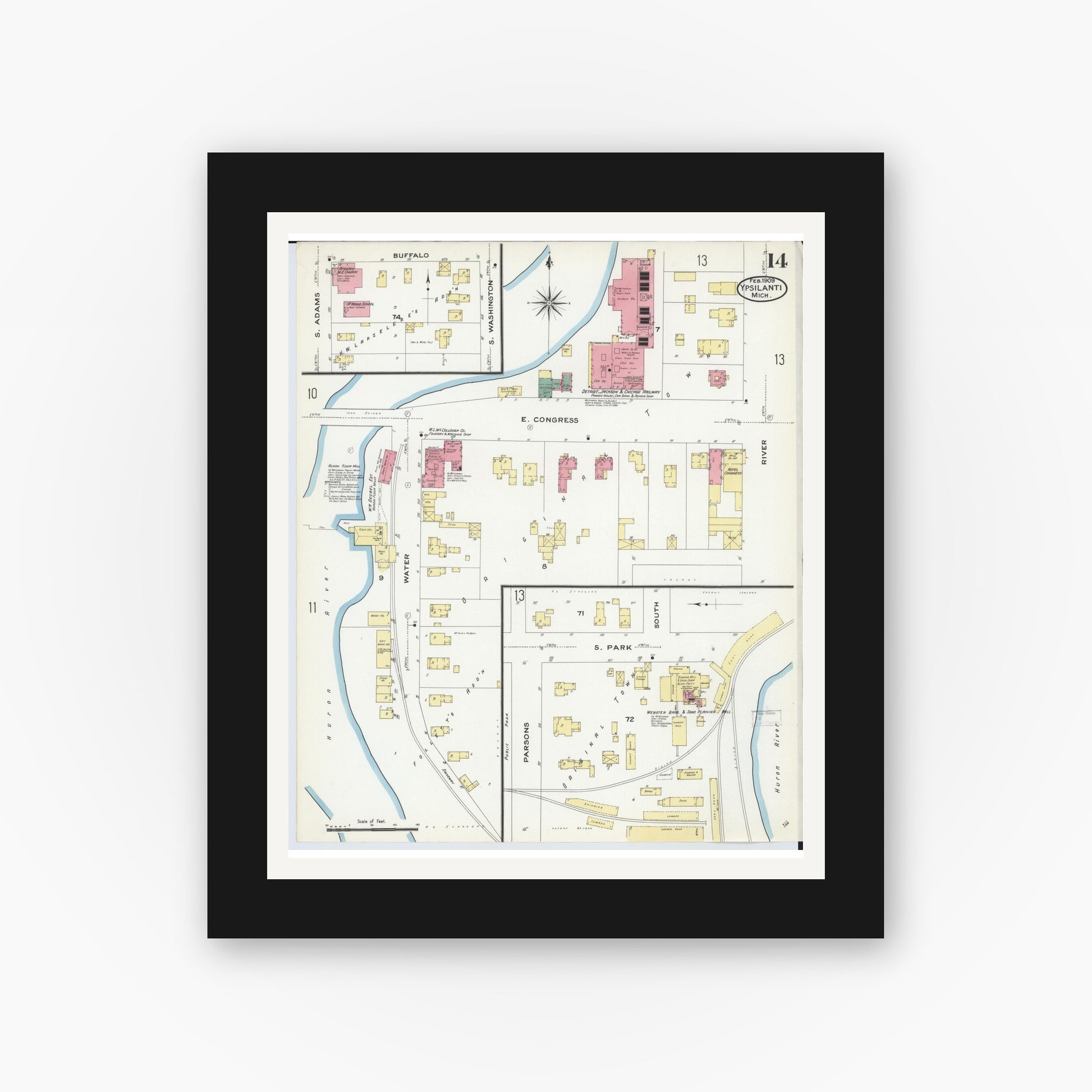Old map wall art mockup — black gallery frame with white mat — Sanborn Fire Insurance Map from Ypsilanti, Washtenaw County, Michigan (1909), Sheet #0014