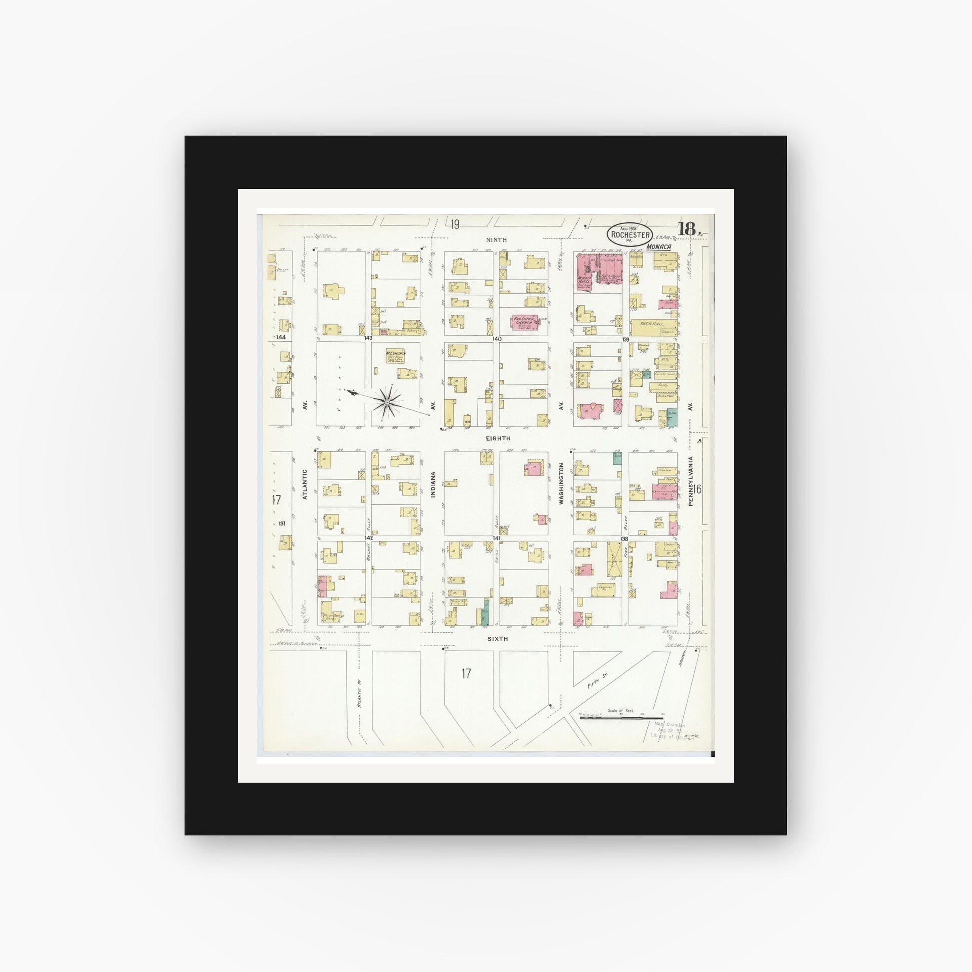 Old map wall art mockup — black gallery frame with white mat — Sanborn Fire Insurance Map from Rochester, Beaver County, Pennsylvania (1908), Sheet #0017
