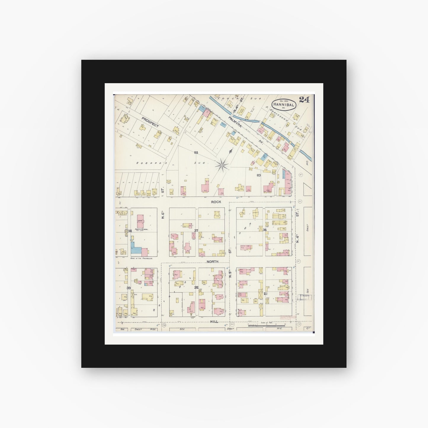 Old map wall art mockup — black gallery frame with white mat — Sanborn Fire Insurance Map from Hannibal, Marion County, Missouri (1890), Sheet #0024