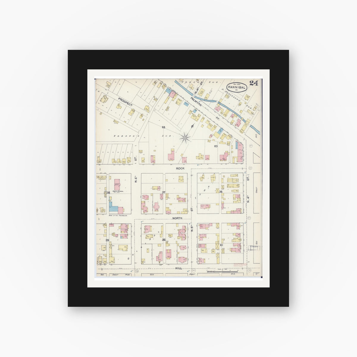 Old map wall art mockup — black gallery frame with white mat — Sanborn Fire Insurance Map from Hannibal, Marion County, Missouri (1890), Sheet #0024