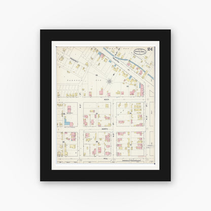 Old map wall art mockup — black gallery frame with white mat — Sanborn Fire Insurance Map from Hannibal, Marion County, Missouri (1890), Sheet #0024