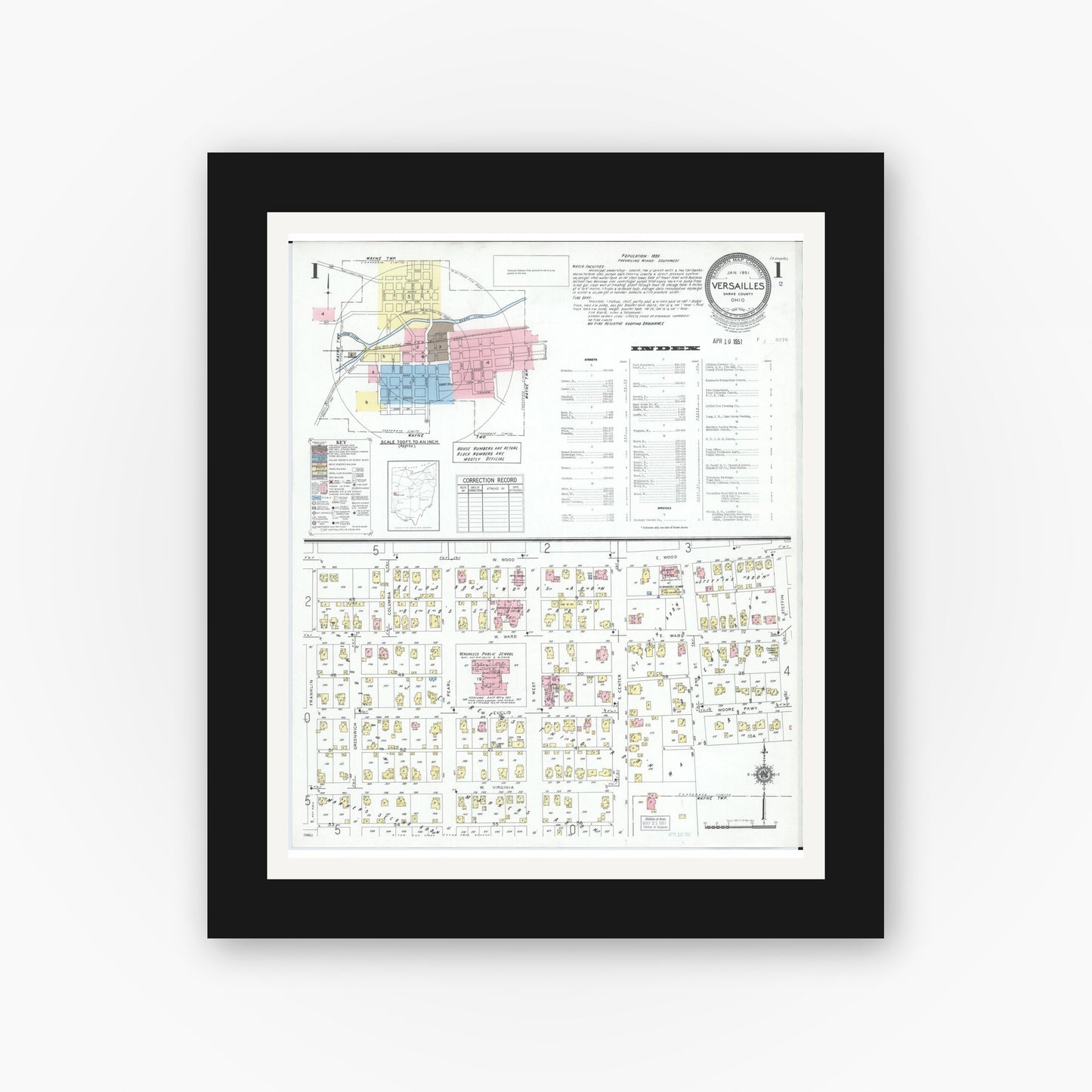 Old map wall art mockup — black gallery frame with white mat — Sanborn Fire Insurance Map from Versailles, Darke County, Ohio (1951), Sheet #0001