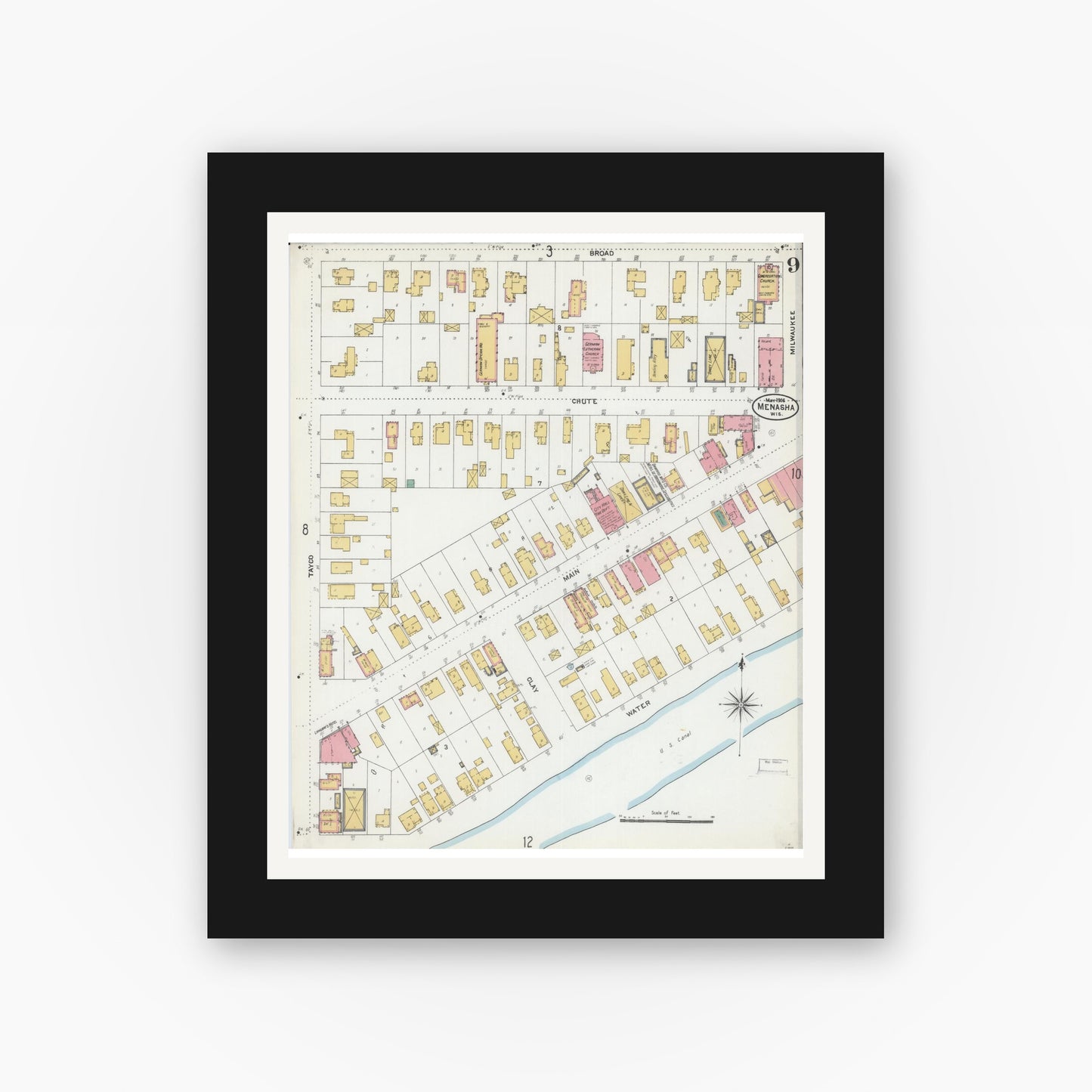 Old map wall art mockup — black gallery frame with white mat — Sanborn Fire Insurance Map from Menasha, Winnebago County, Wisconsin (1906), Sheet #0009