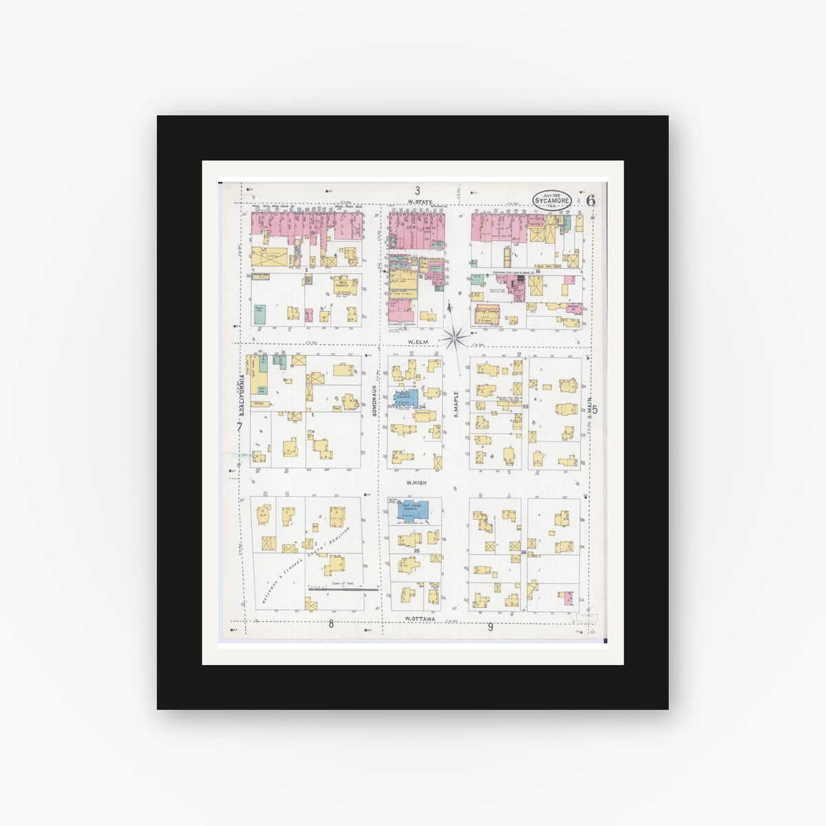 Old map wall art mockup — black gallery frame with white mat — Sanborn Fire Insurance Map from Sycamore, De Kalb County, Illinois (1905), Sheet #0006