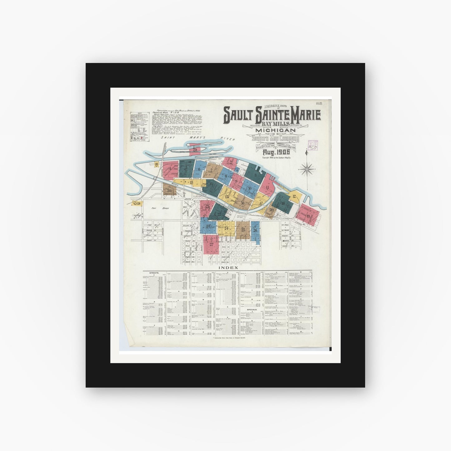 Old map wall art mockup — black gallery frame with white mat — Sanborn Fire Insurance Map from Sault Sainte Marie, Chippewa County, Michigan (1906) - Complete Map Set