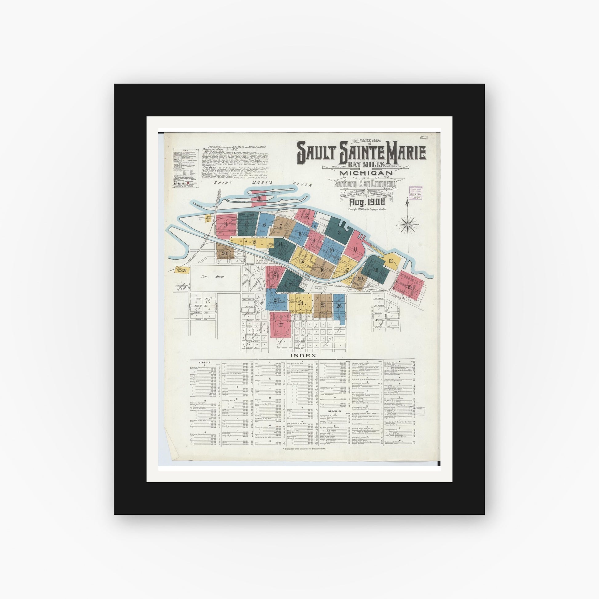 Old map wall art mockup — black gallery frame with white mat — Sanborn Fire Insurance Map from Sault Sainte Marie, Chippewa County, Michigan (1906) - Complete Map Set