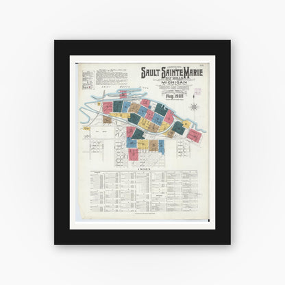 Old map wall art mockup — black gallery frame with white mat — Sanborn Fire Insurance Map from Sault Sainte Marie, Chippewa County, Michigan (1906) - Complete Map Set