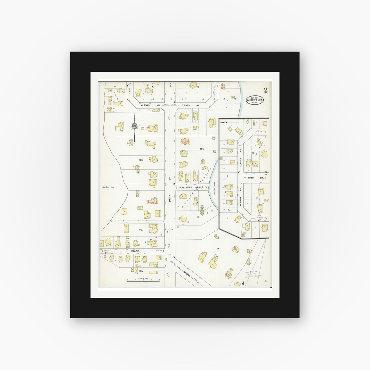 Old map wall art mockup — black gallery frame with white mat — Sanborn Fire Insurance Map from Albert Lea, Freeborn County, Minnesota (1910), Sheet #0002