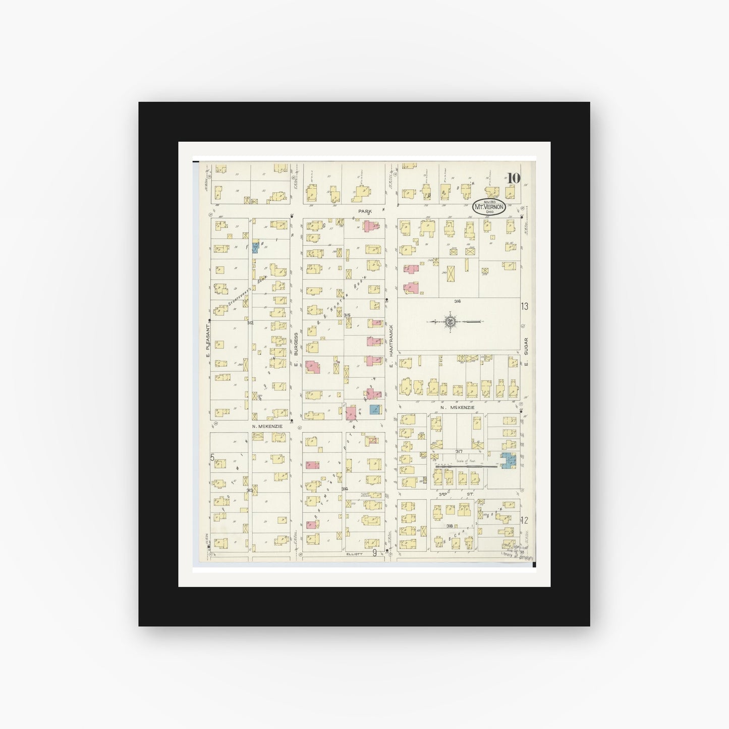 Old map wall art mockup — black gallery frame with white mat — Sanborn Fire Insurance Map from Mount Vernon, Knox County, Ohio (1913), Sheet #0010
