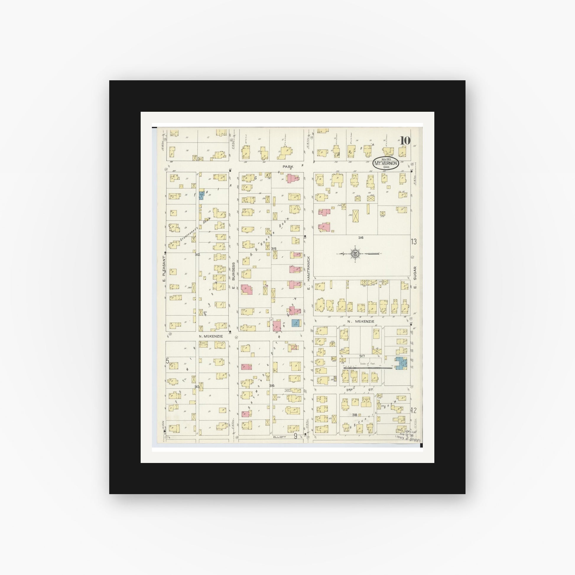 Old map wall art mockup — black gallery frame with white mat — Sanborn Fire Insurance Map from Mount Vernon, Knox County, Ohio (1913), Sheet #0010
