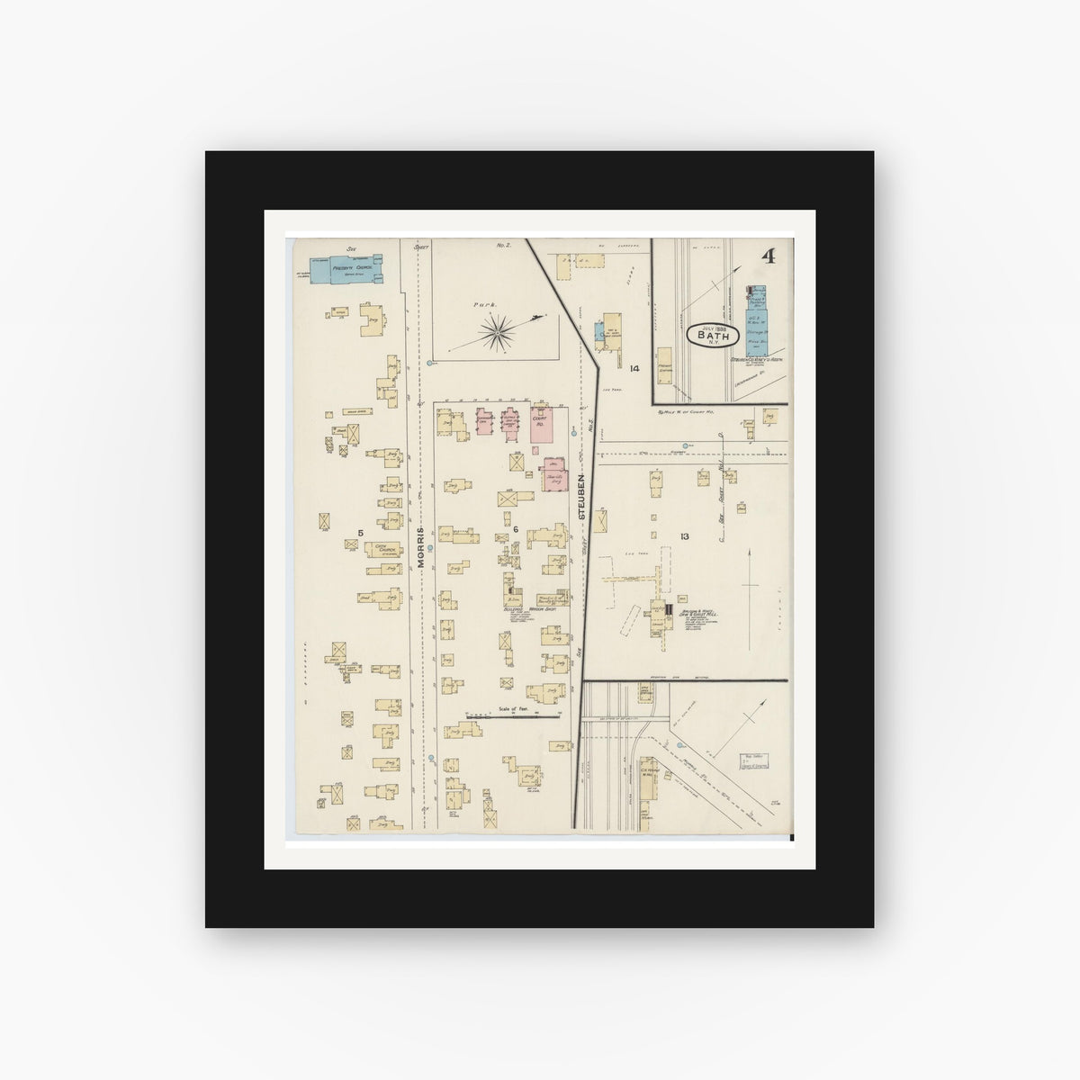 Old map wall art mockup — black gallery frame with white mat — Sanborn Fire Insurance Map from Bath, Steuben County, New York (1888), Sheet #0004