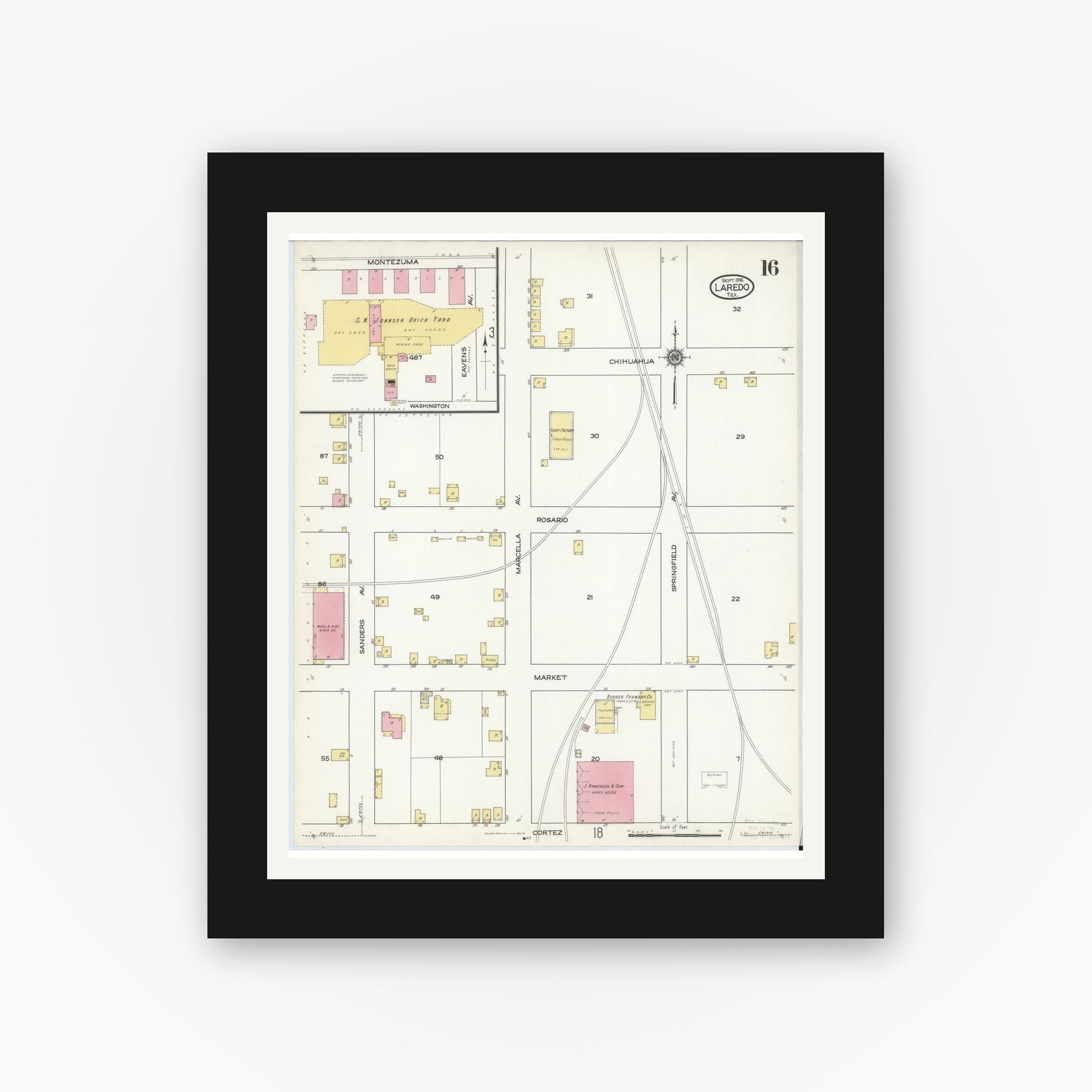 Old map wall art mockup — black gallery frame with white mat — Sanborn Fire Insurance Map from Laredo, Webb County, Texas (1916), Sheet #0016