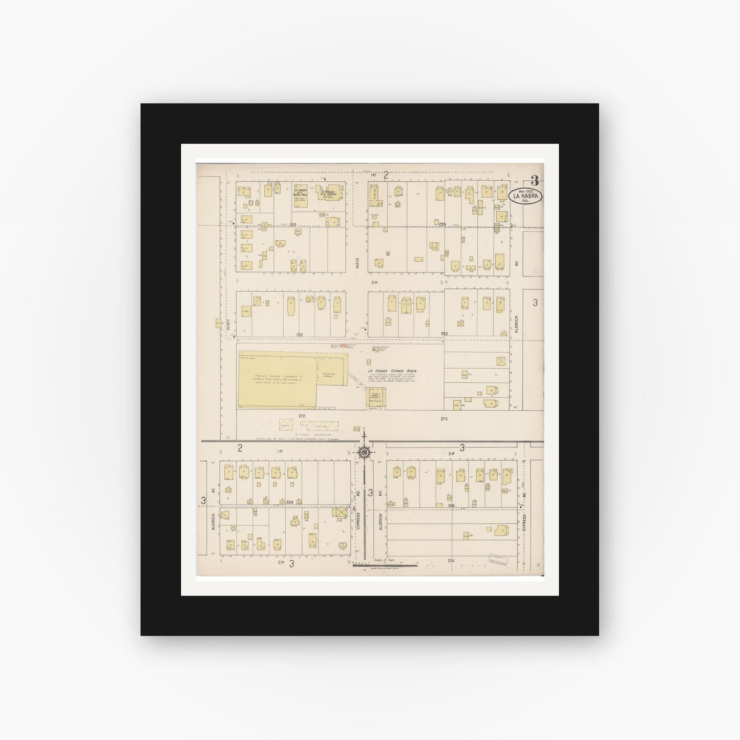 Old map wall art mockup — black gallery frame with white mat — Sanborn Fire Insurance Map from La Habra, Orange County, California (1920), Sheet #0003