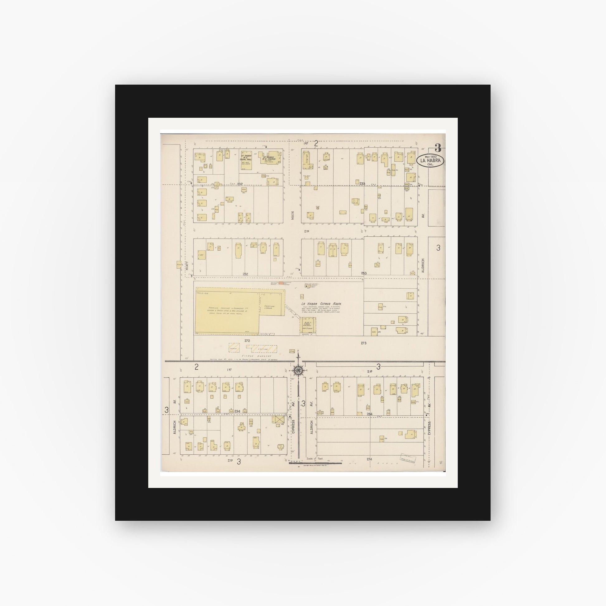 Old map wall art mockup — black gallery frame with white mat — Sanborn Fire Insurance Map from La Habra, Orange County, California (1920), Sheet #0003