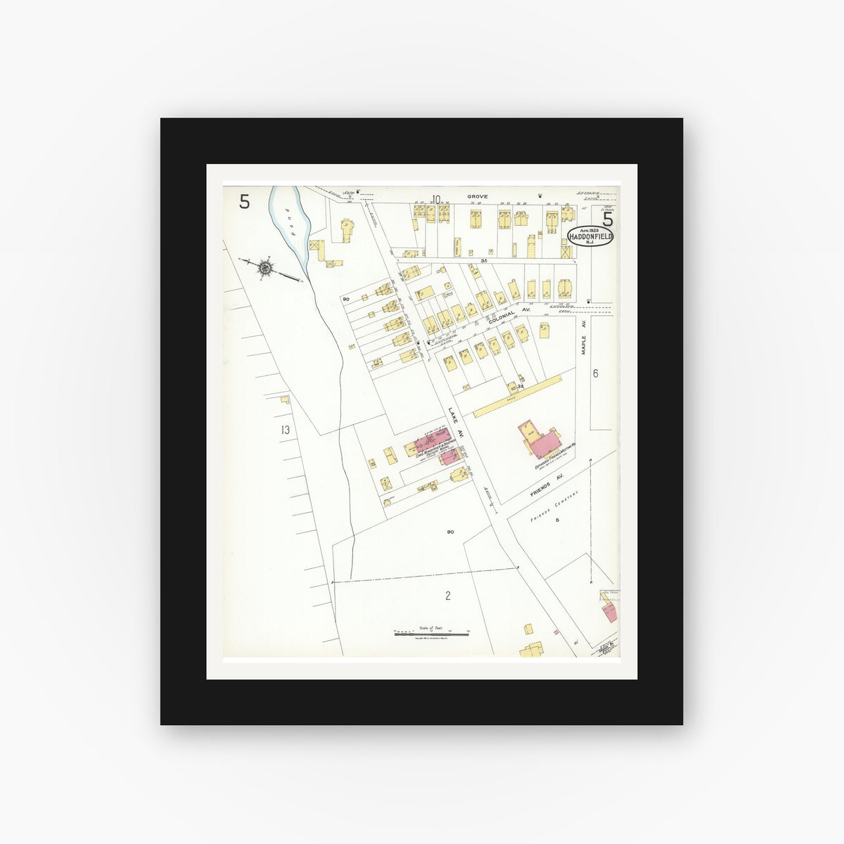 Old map wall art mockup — black gallery frame with white mat — Sanborn Fire Insurance Map from Haddonfield, Camden County, New Jersey (1923), Sheet #0005