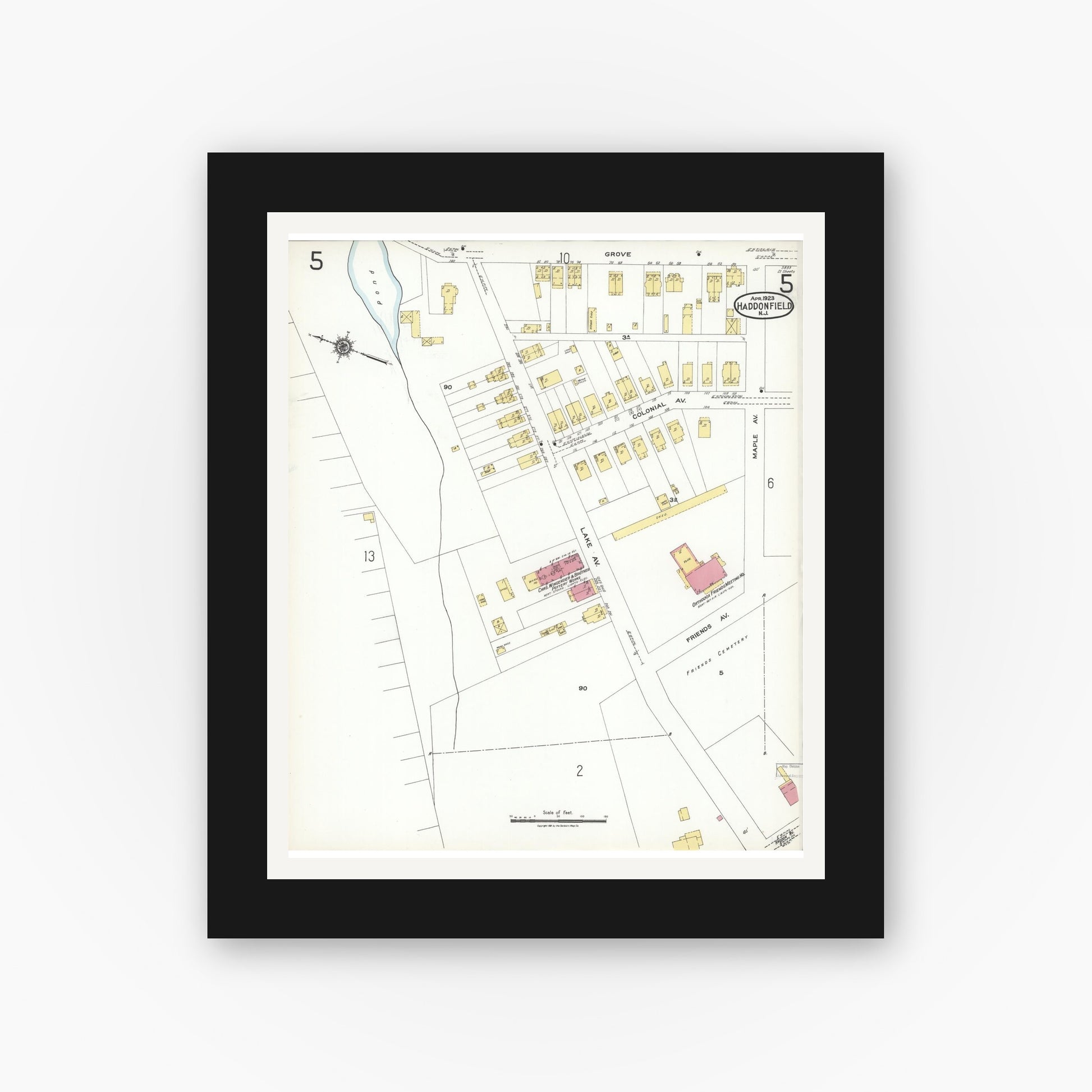 Old map wall art mockup — black gallery frame with white mat — Sanborn Fire Insurance Map from Haddonfield, Camden County, New Jersey (1923), Sheet #0005