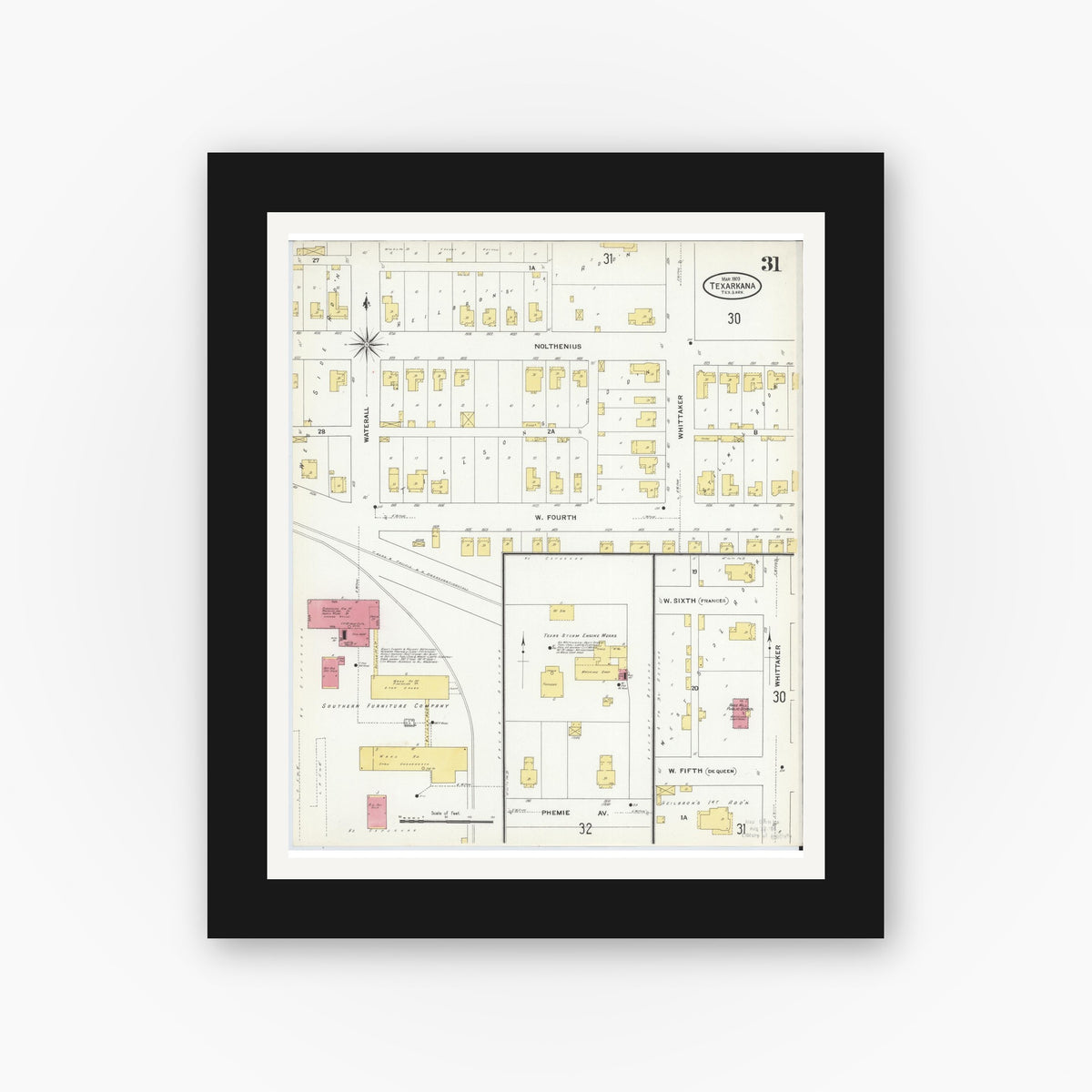 Old map wall art mockup — black gallery frame with white mat — Sanborn Fire Insurance Map from Texarkana, Bowie County, Texas (1909), Sheet #0031