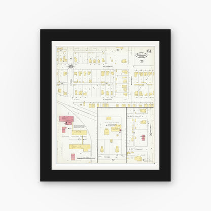 Old map wall art mockup — black gallery frame with white mat — Sanborn Fire Insurance Map from Texarkana, Bowie County, Texas (1909), Sheet #0031