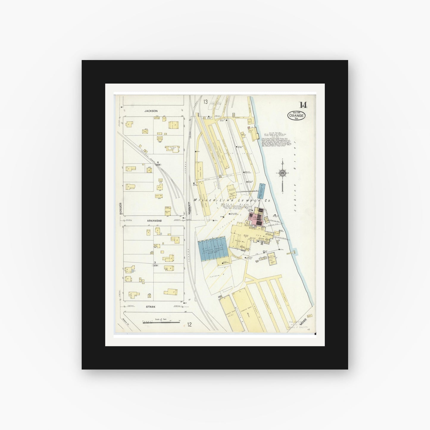 Old map wall art mockup — black gallery frame with white mat — Sanborn Fire Insurance Map from Orange, Orange County, Texas (1914), Sheet #0014