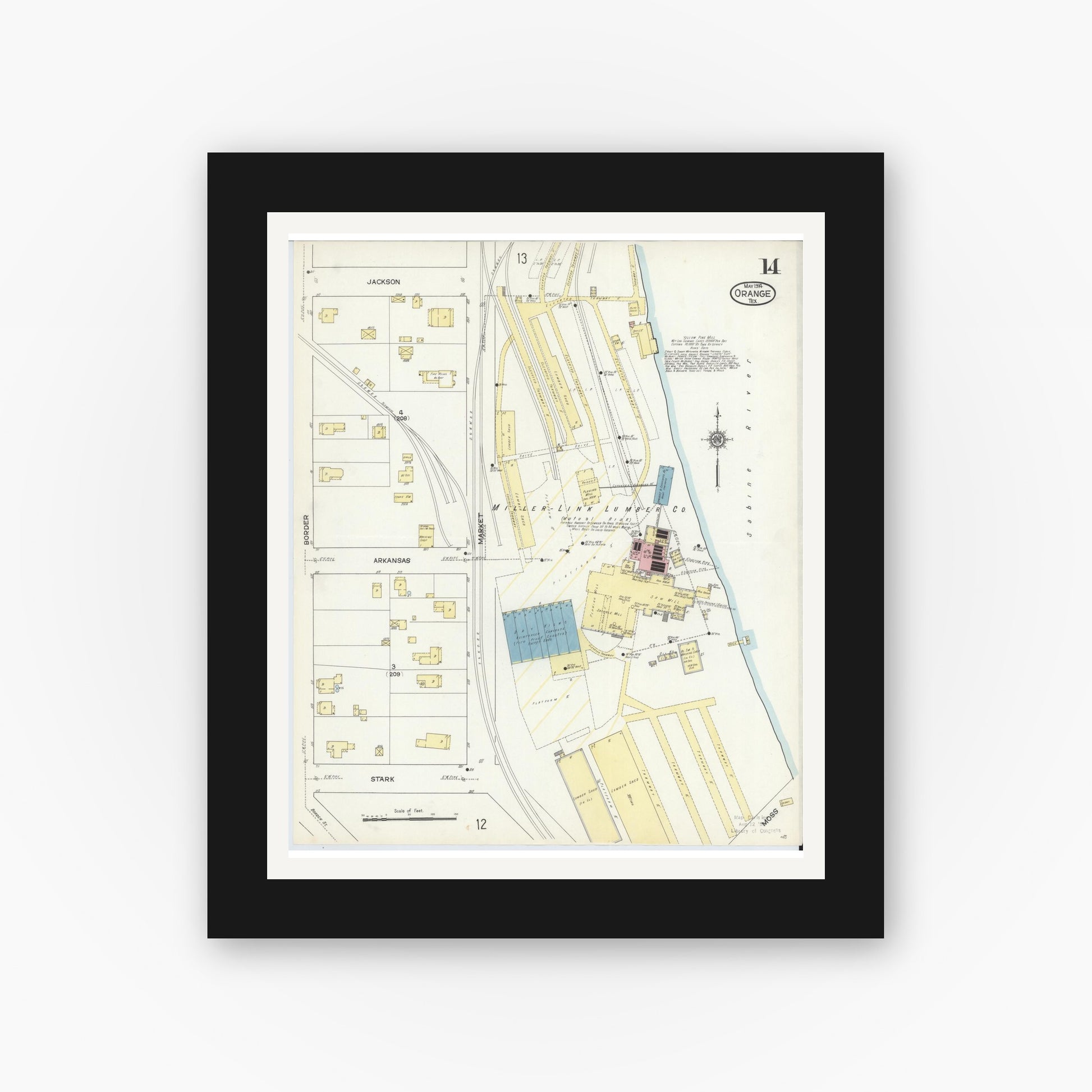 Old map wall art mockup — black gallery frame with white mat — Sanborn Fire Insurance Map from Orange, Orange County, Texas (1914), Sheet #0014