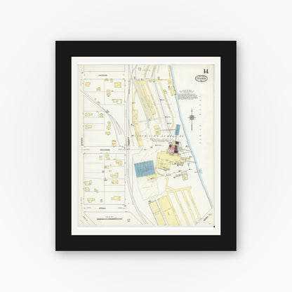 Old map wall art mockup — black gallery frame with white mat — Sanborn Fire Insurance Map from Orange, Orange County, Texas (1914), Sheet #0014