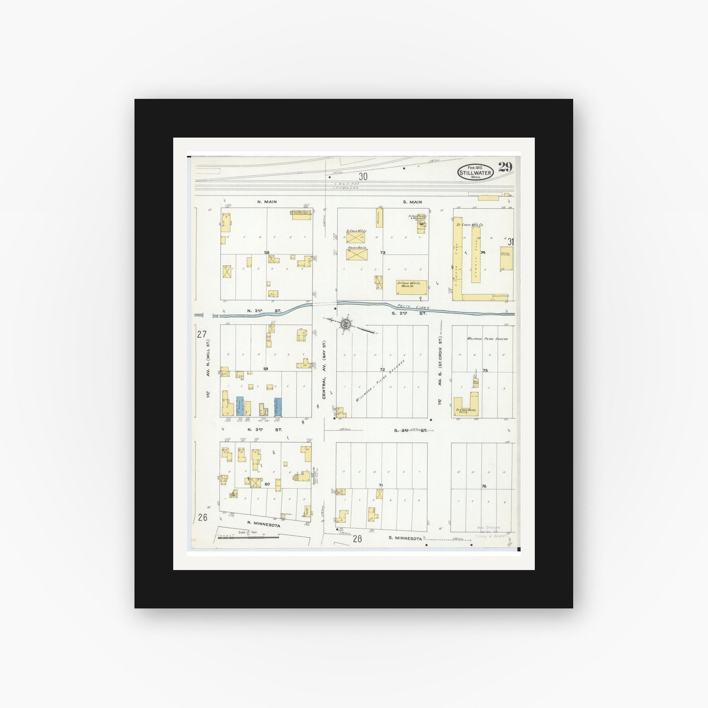 Old map wall art mockup — black gallery frame with white mat — Sanborn Fire Insurance Map from Stillwater, Washington County, Minnesota (1910), Sheet #0029