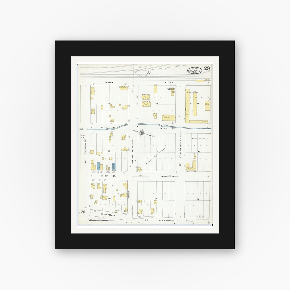 Old map wall art mockup — black gallery frame with white mat — Sanborn Fire Insurance Map from Stillwater, Washington County, Minnesota (1910), Sheet #0029