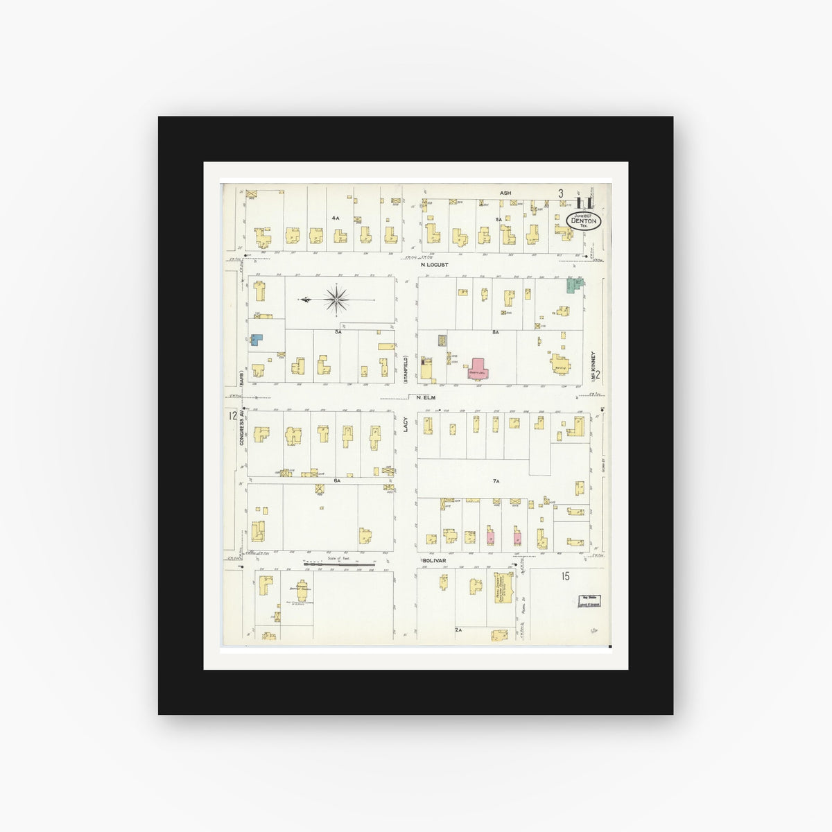 Old map wall art mockup — black gallery frame with white mat — Sanborn Fire Insurance Map from Denton, Denton County, Texas (1907), Sheet #0011