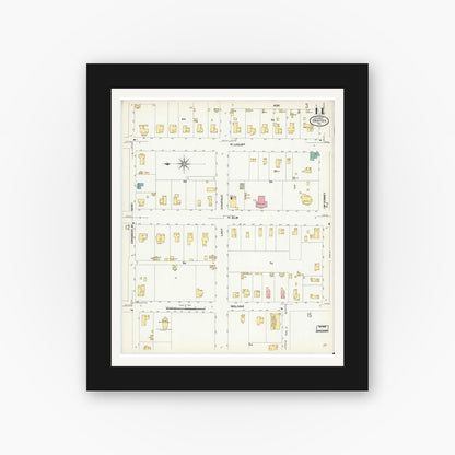 Old map wall art mockup — black gallery frame with white mat — Sanborn Fire Insurance Map from Denton, Denton County, Texas (1907), Sheet #0011