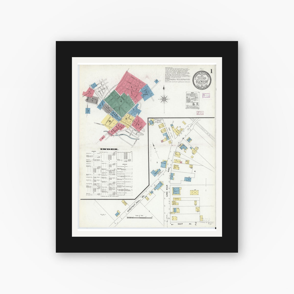 Old map wall art mockup — black gallery frame with white mat — Sanborn Fire Insurance Map from Glenside, Montgomery County, Pennsylvania (1909) - Complete Map Set