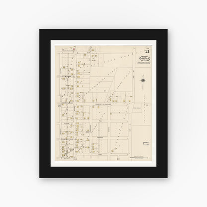Old map wall art mockup — black gallery frame with white mat — Sanborn Fire Insurance Map from Gainesville, Cooke County, Texas (1922), Sheet #0021