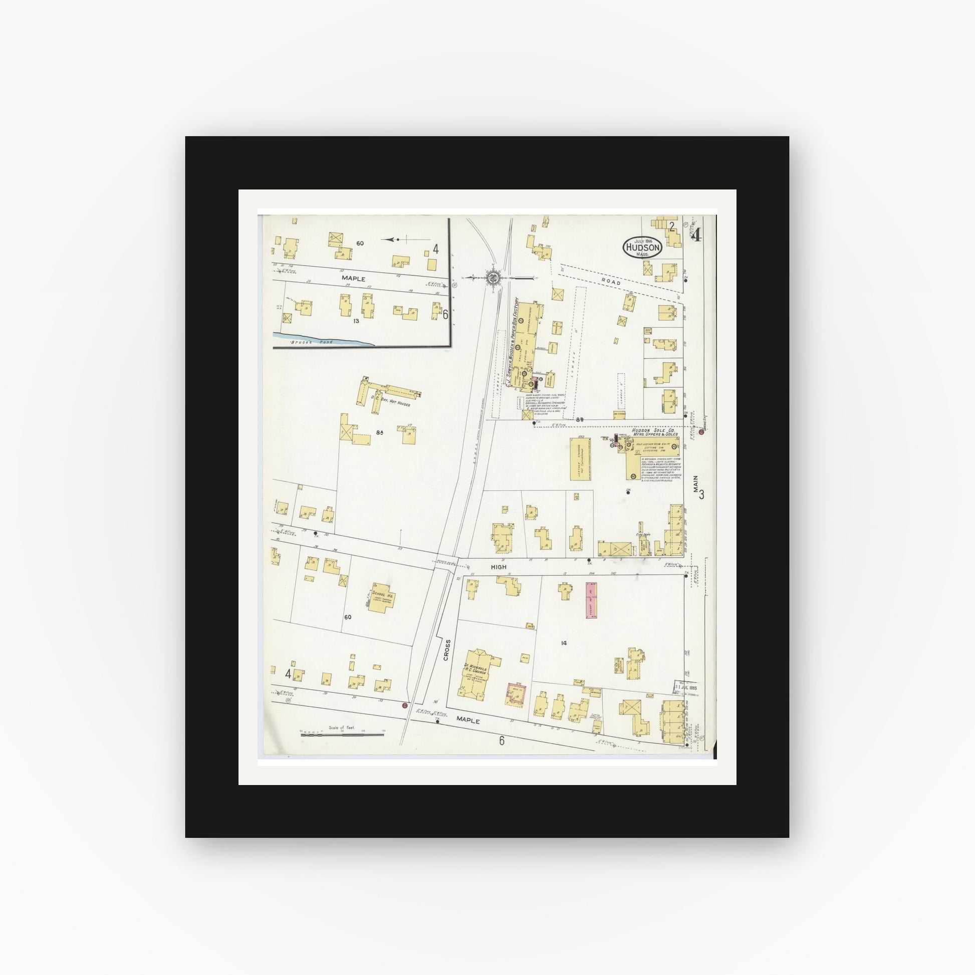 Old map wall art mockup — black gallery frame with white mat — Sanborn Fire Insurance Map from Hudson, Middlesex County, Massachusetts (1916), Sheet #0004