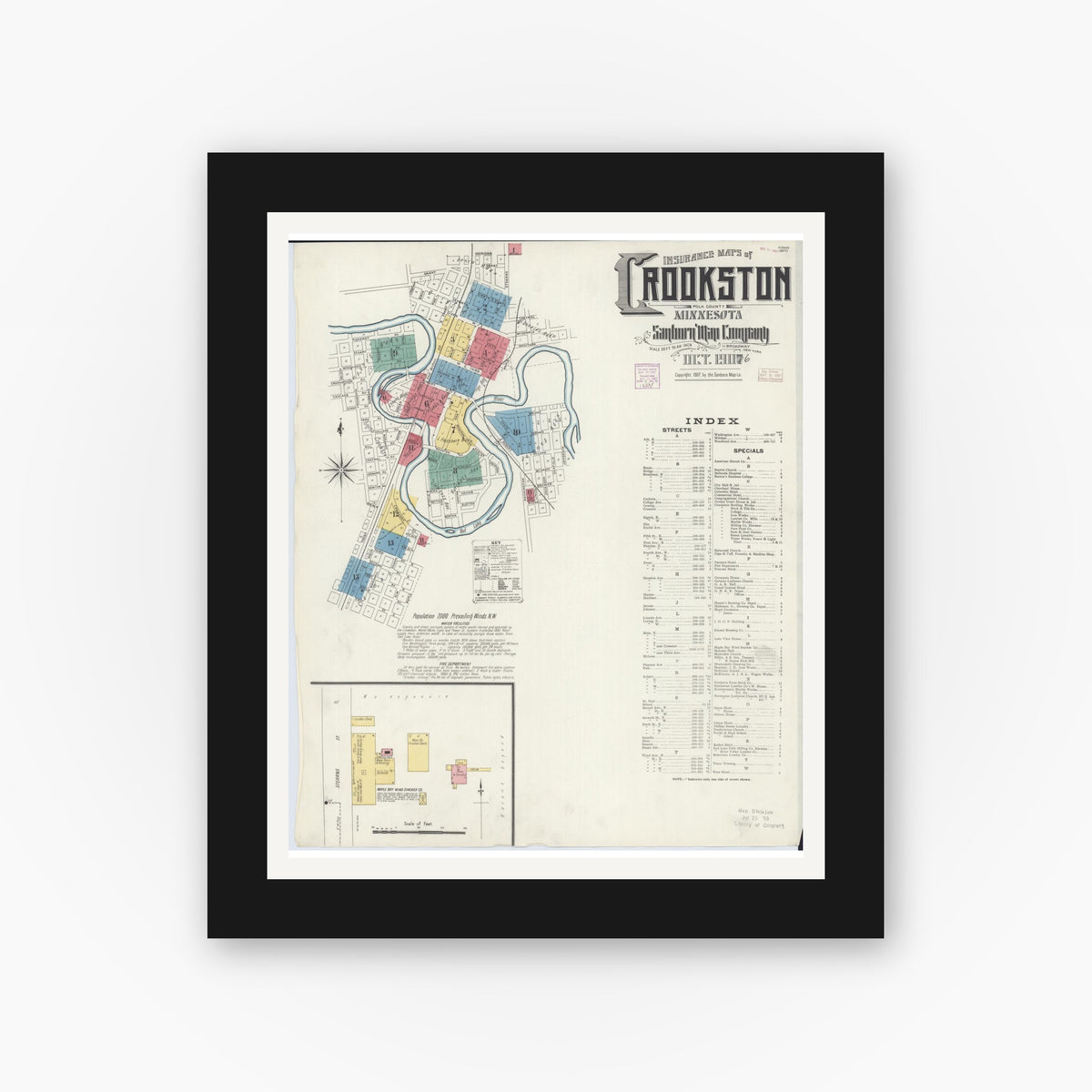 Old map wall art mockup — black gallery frame with white mat — Sanborn Fire Insurance Map from Crookston, Polk County, Minnesota (1906) - Complete Map Set