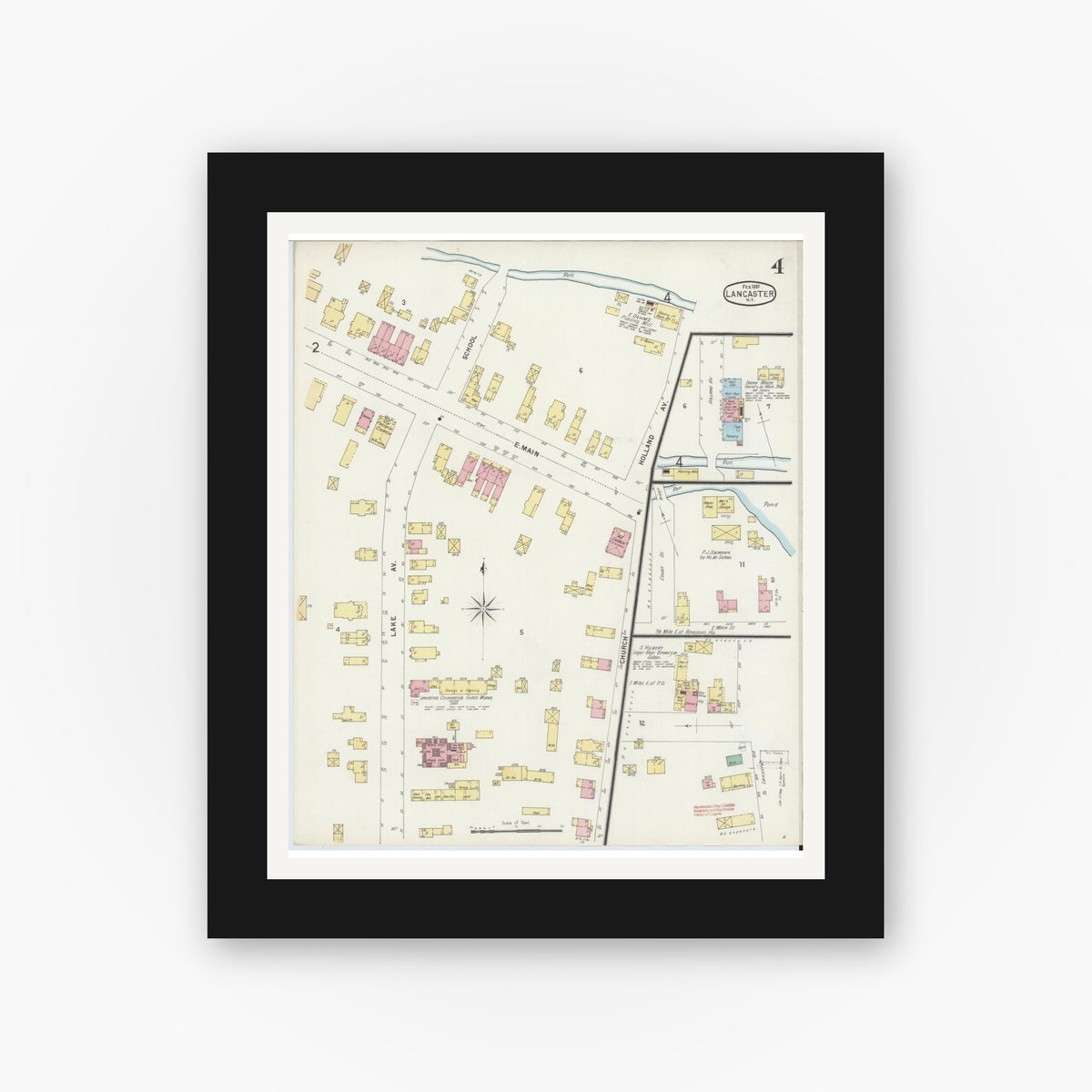 Old map wall art mockup — black gallery frame with white mat — Sanborn Fire Insurance Map from Lancaster, Erie County, New York (1897), Sheet #0004