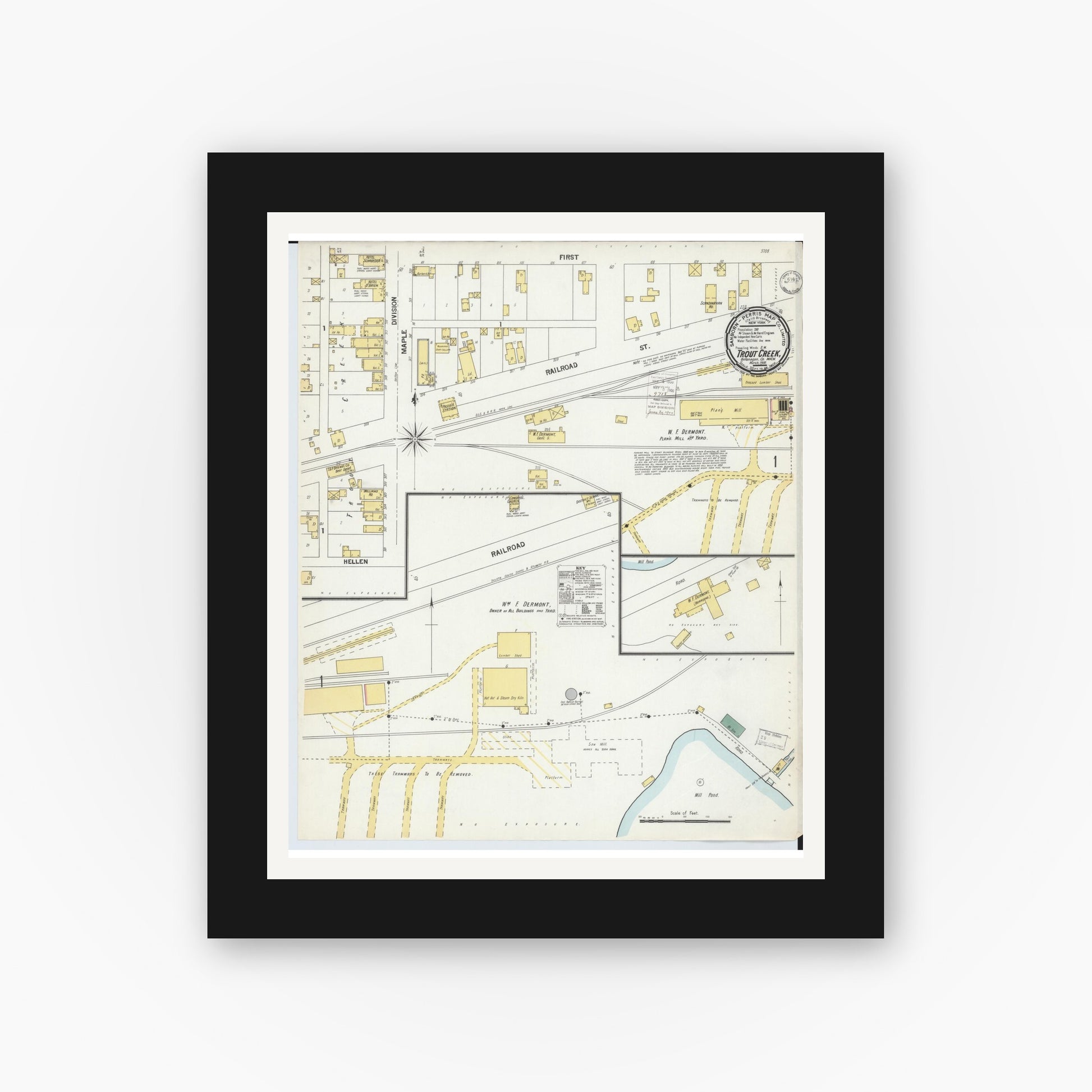 Old map wall art mockup — black gallery frame with white mat — Sanborn Fire Insurance Map from Trout Creek, Ontonagon County, Michigan (1900), Sheet #0001