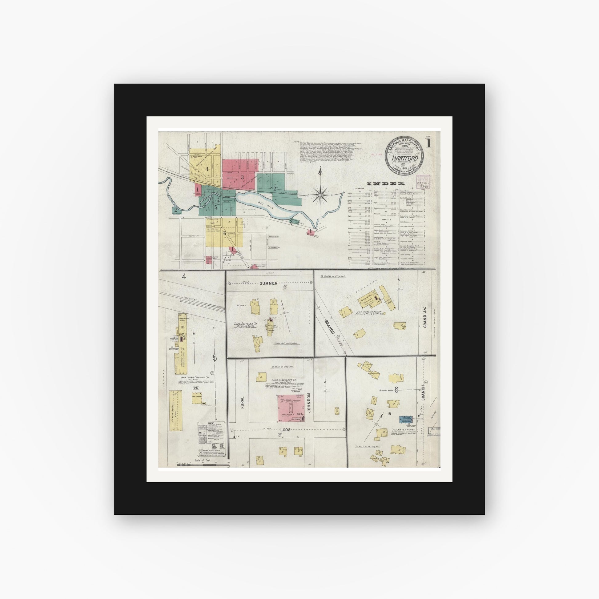 Old map wall art mockup — black gallery frame with white mat — Sanborn Fire Insurance Map from Hartford, Washington County, Wisconsin (1907), Sheet #0001