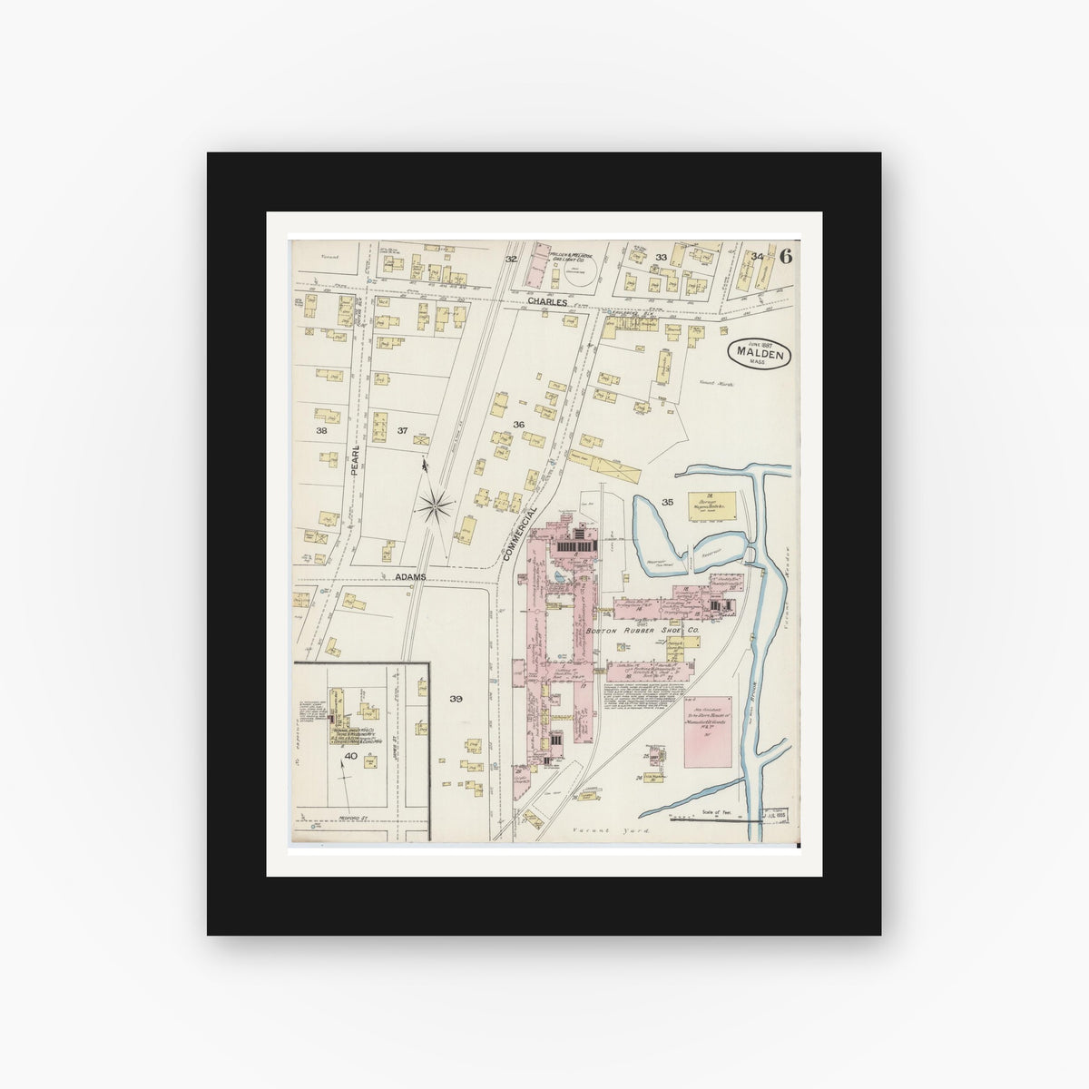 Old map wall art mockup — black gallery frame with white mat — Sanborn Fire Insurance Map from Malden, Middlesex County, Massachusetts (1887), Sheet #0006
