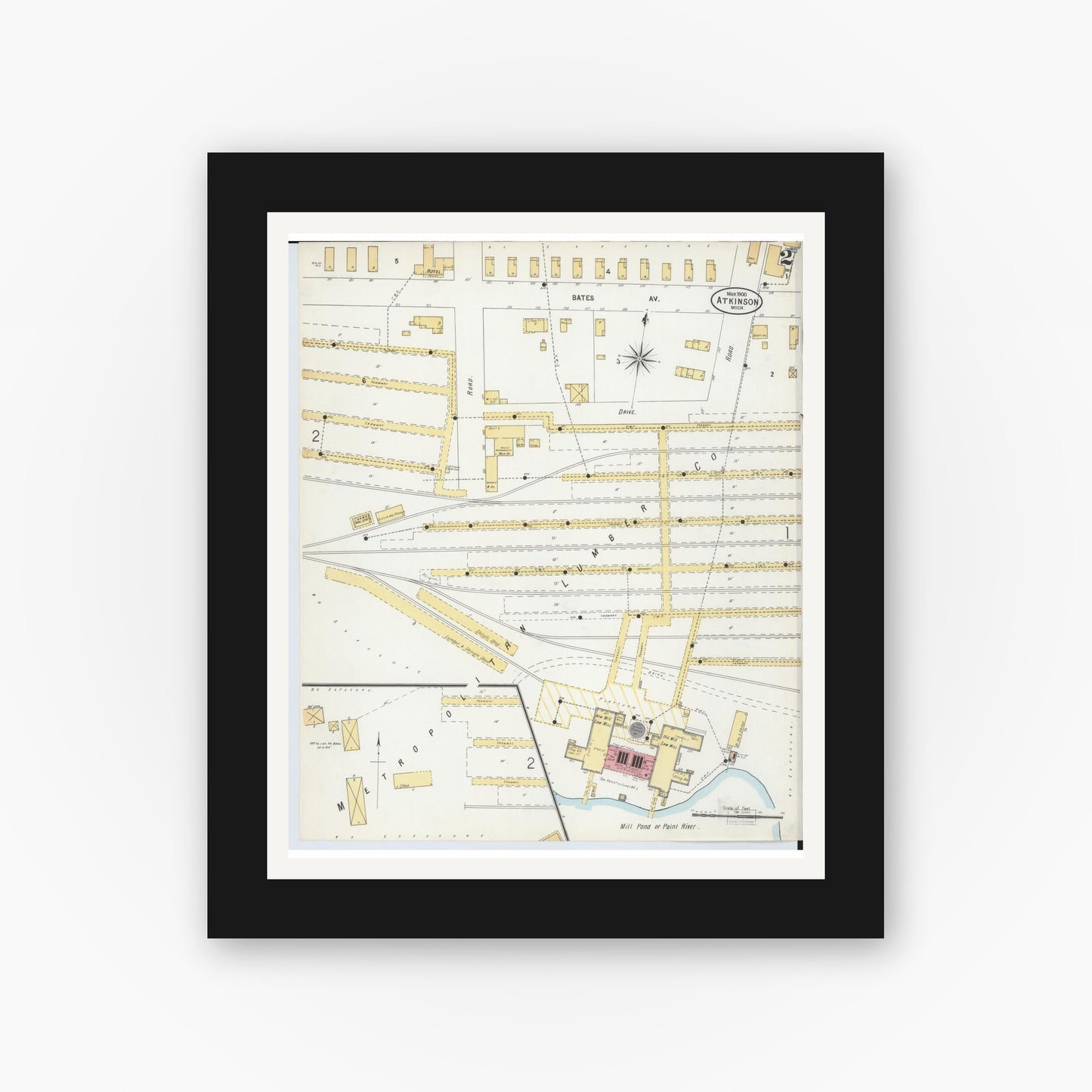 Old map wall art mockup — black gallery frame with white mat — Sanborn Fire Insurance Map from Atkinson, Iron County, Michigan (1900), Sheet #0002