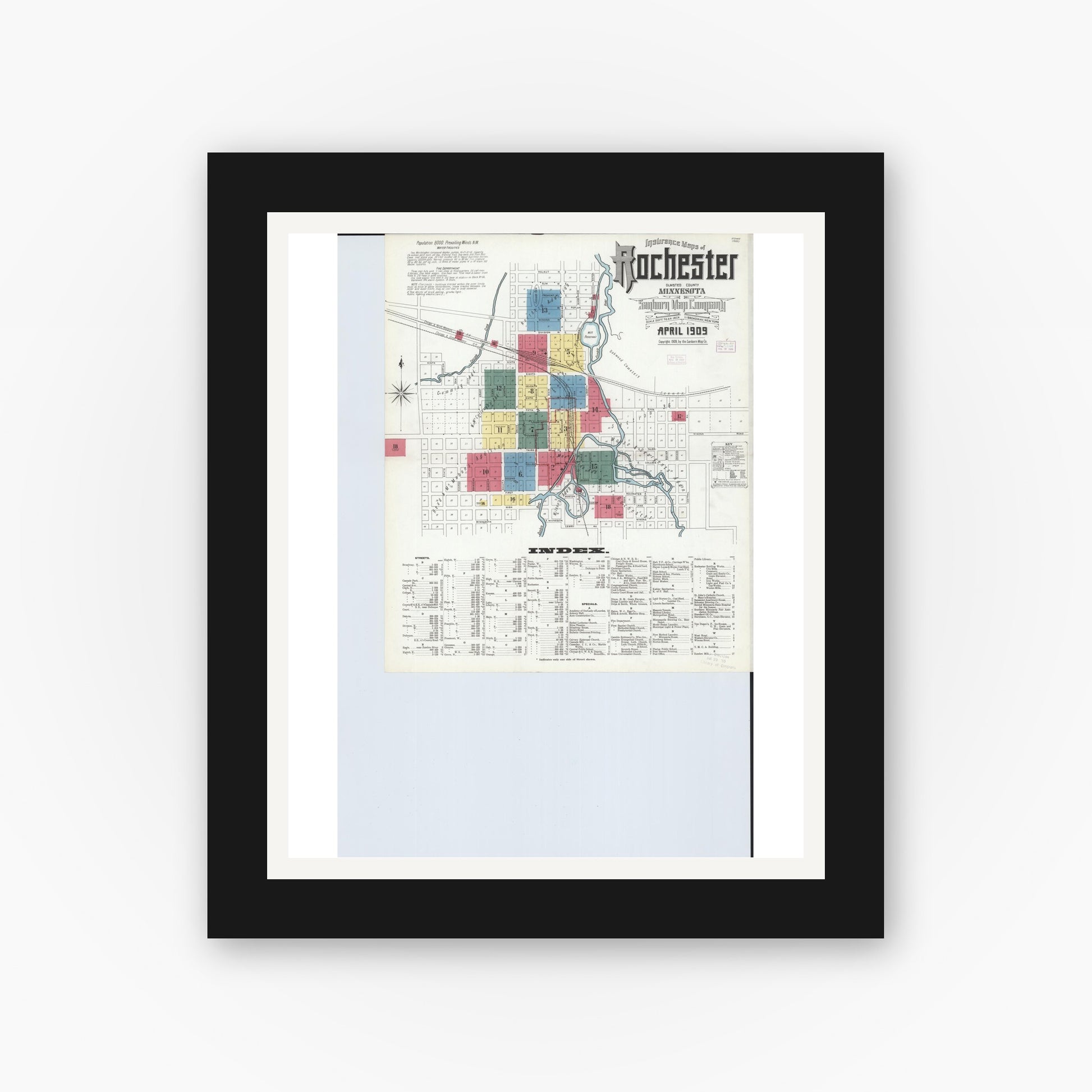 Old map wall art mockup — black gallery frame with white mat — Sanborn Fire Insurance Map from Rochester, Olmsted County, Minnesota (1909) - Complete Map Set