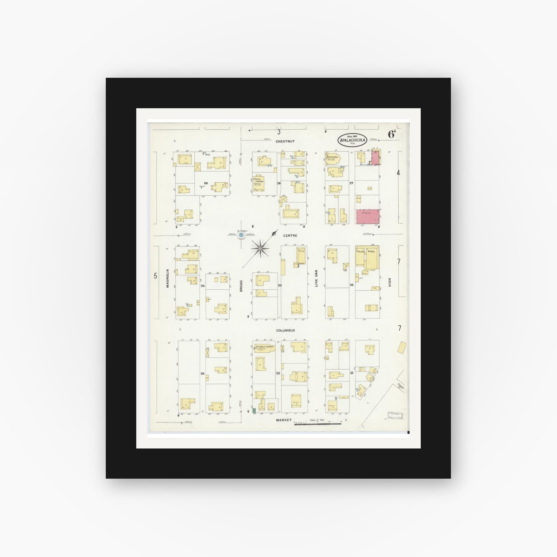 Old map wall art mockup — black gallery frame with white mat — Sanborn Fire Insurance Map from Apalachicola, Franklin County, Florida (1909), Sheet #0006