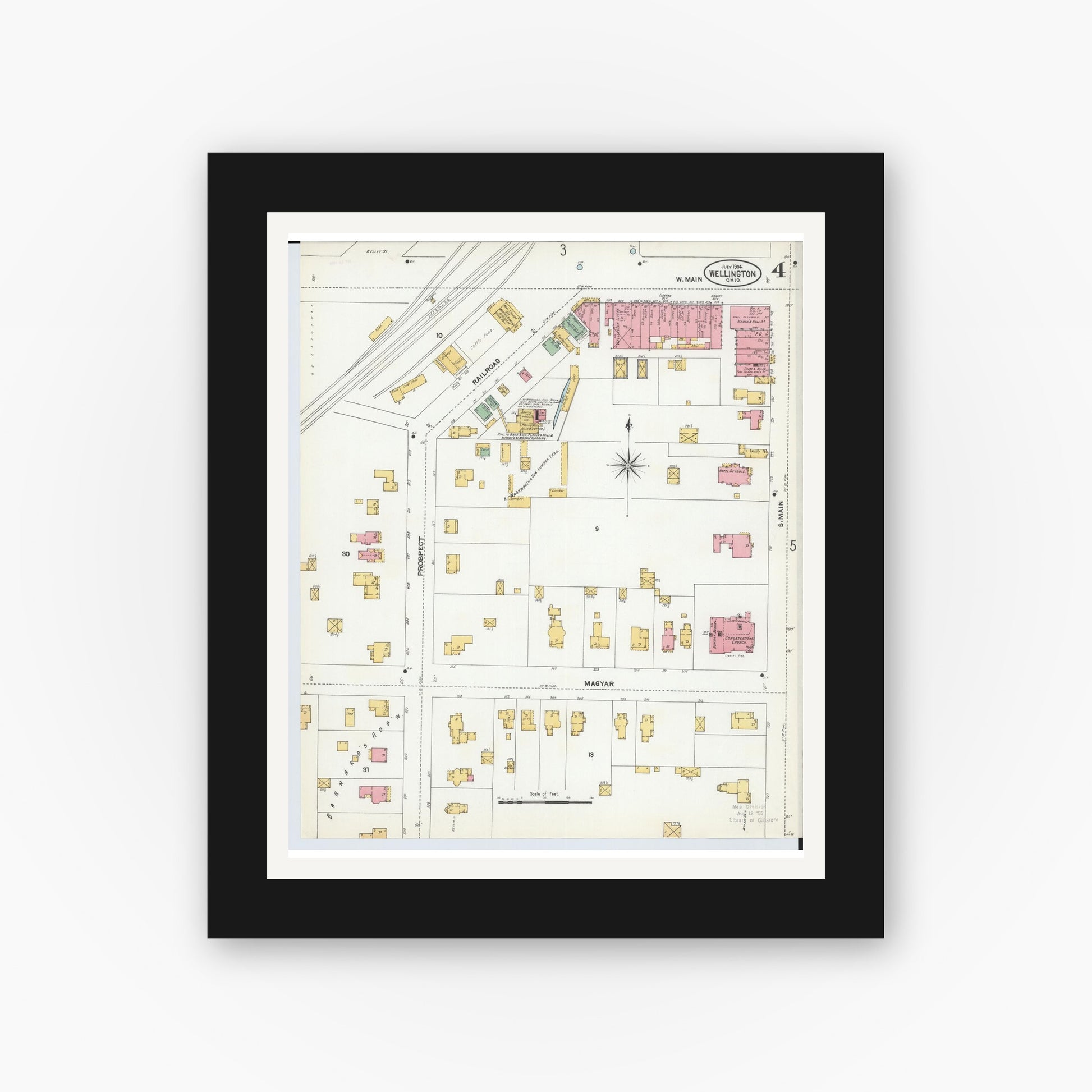 Old map wall art mockup — black gallery frame with white mat — Sanborn Fire Insurance Map from Wellington, Lorain County, Ohio (1904), Sheet #0004